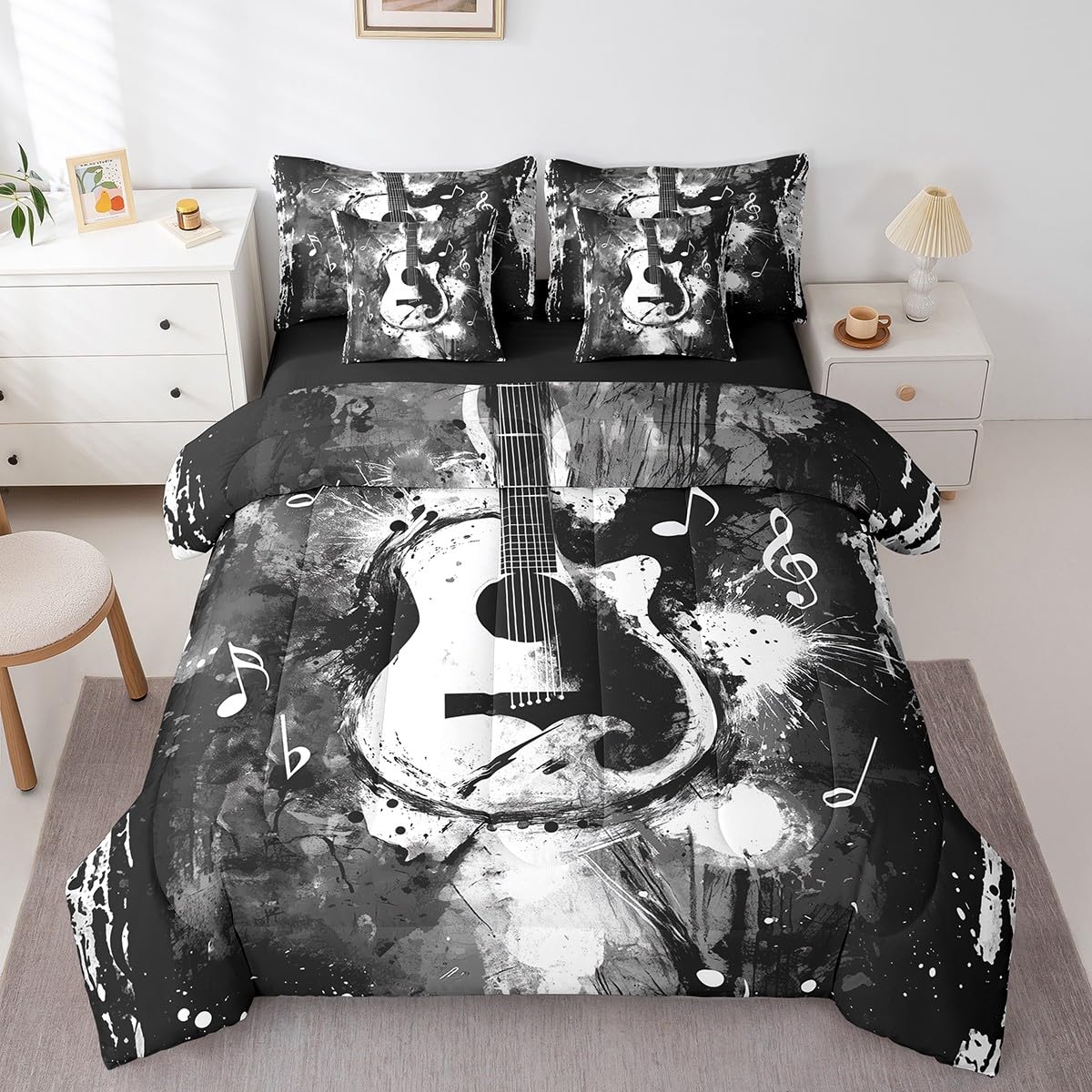 Feelyou Guitar Comforter Set with Sheets Queen Size Rock Music Bed in a Bag for Boys Girls Teens Black Gray 7 Pieces Bedding Set Soft Lightweight Microfiber
