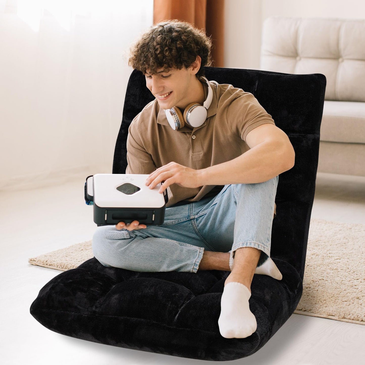 Buymoth Floor Chair 14 Adjustable Positions w/Back Support, Padded Lazy Sofa w/Breathable Cotton & Skin-Friendly Coral Velve for Reading Meditating Gaming,Black