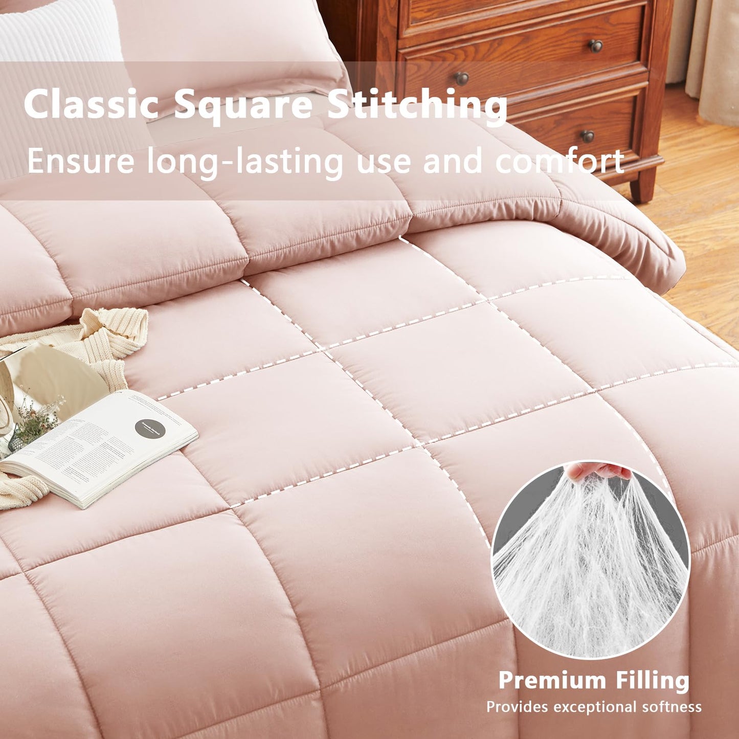 CozyLux Queen Comforter Set - 270GSM Blush Pink Bedding Sets for All Seasons, 3 Pieces Box Stitched Bed Set with 1 Down Alternative Comforter and 2 Pillow Shams, Soft, Lightweight, Breathable