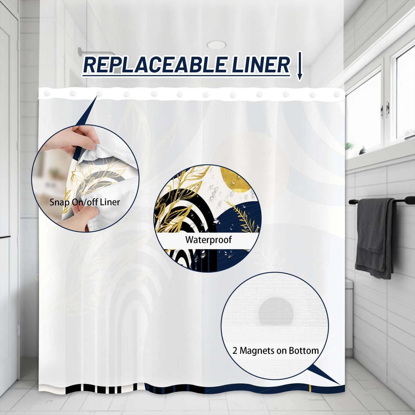 Boho Mid Century Modern Hookless Shower Curtain with Snap in Liner, Navy Blue and Gold No Hook Double Layer Shower Curtains and Liner Set, Waterproof Cloth Fabric, 60" W X 74" L