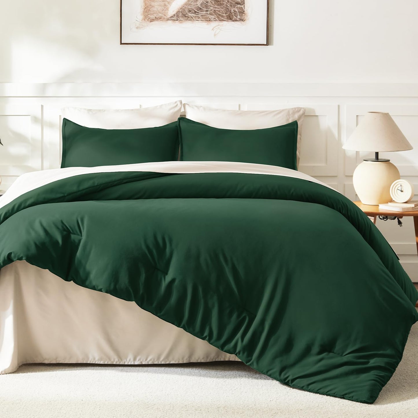 Litanika Dark Emerald Green King Comforter Set, 3 Pieces Solid Forest Bedding Set, All Season Fluffy Bed Set (104x90In Comforter & 2 Pillowcases)