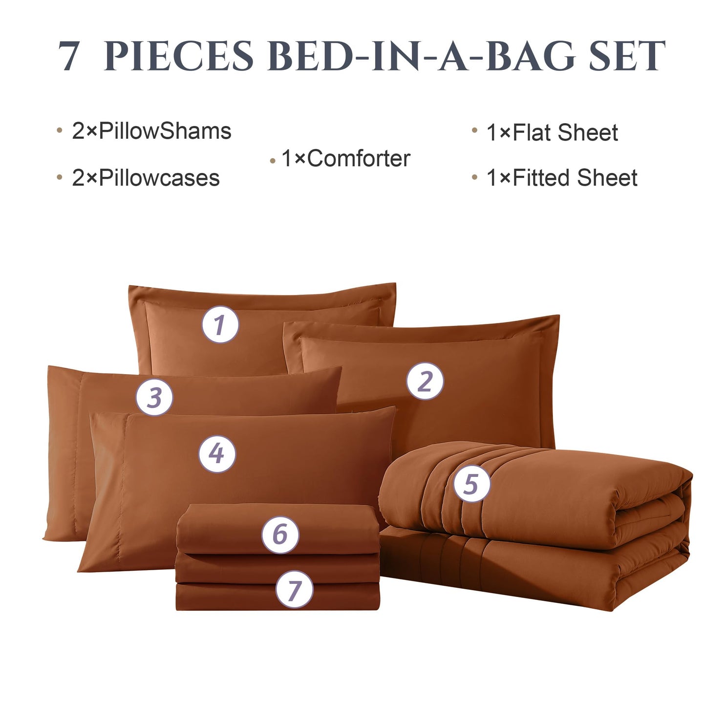 Monbix Queen Comforter Set - 7 Pieces Burnt Orange Bed in a Bag Queen Bedding Sets with Comforters, All Seasons Comforter Bed Set with Sheets, Pillowcases & Shams