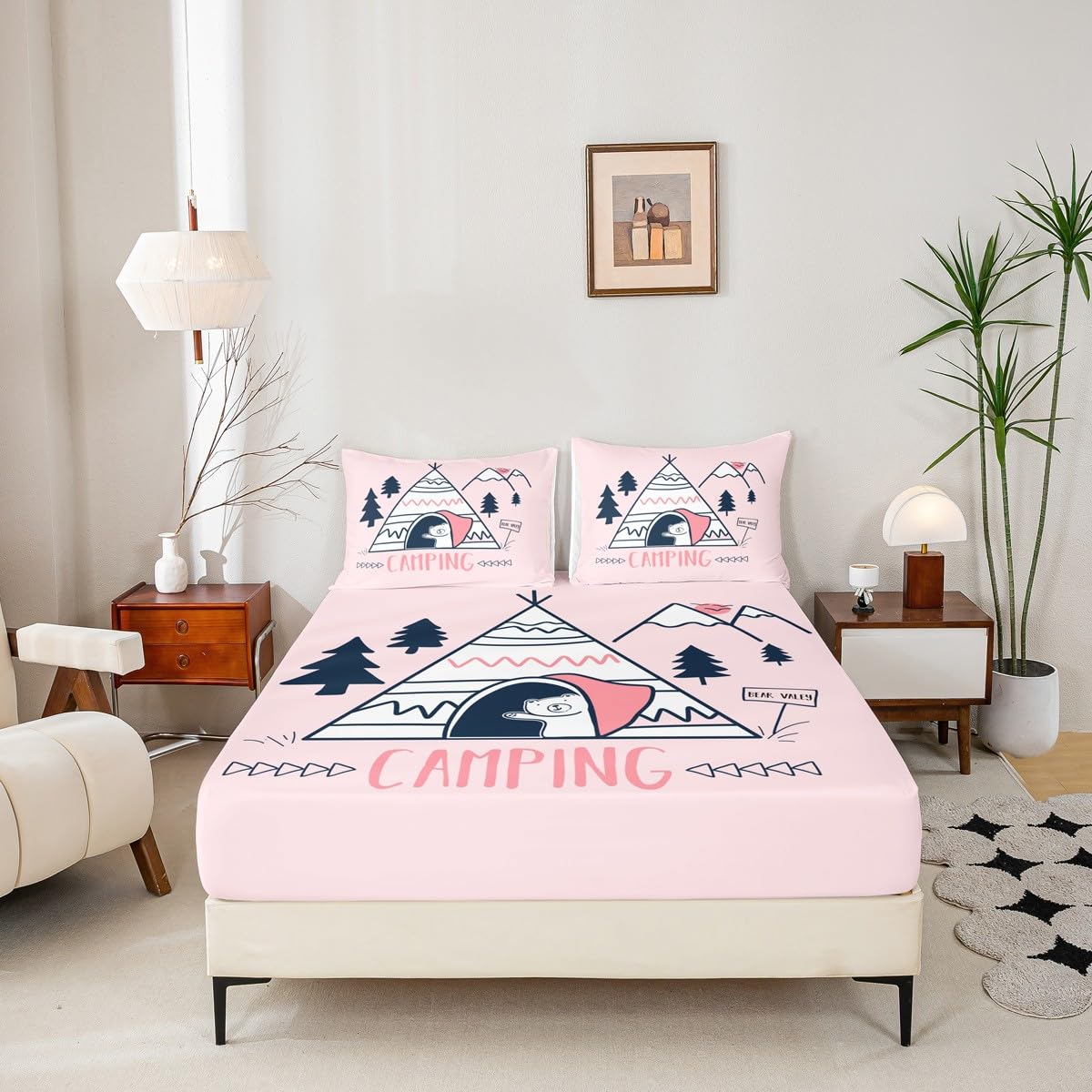 Happy Camping Campers Fitted Sheet Full, Tent Pines Bear Sketch Bedding Set, Happy Outdoors Natural Bed Cover 3 Pcs for Kids Teens Adults Room Decor,Rustic Pink Bed Sheet Set with 2 Pillowcases