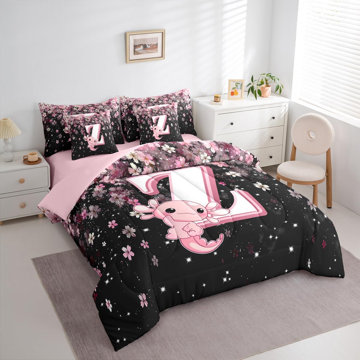 Erosebridal Twin Size Cute Axolotl Bed in A Bag 7 Pieces for Kids Girls Teens | Initial Letter Z Comforter Set with Sheets Japanese Cherry Blossom Bedding Set with Flat Fitted Sheets (Pink and White)