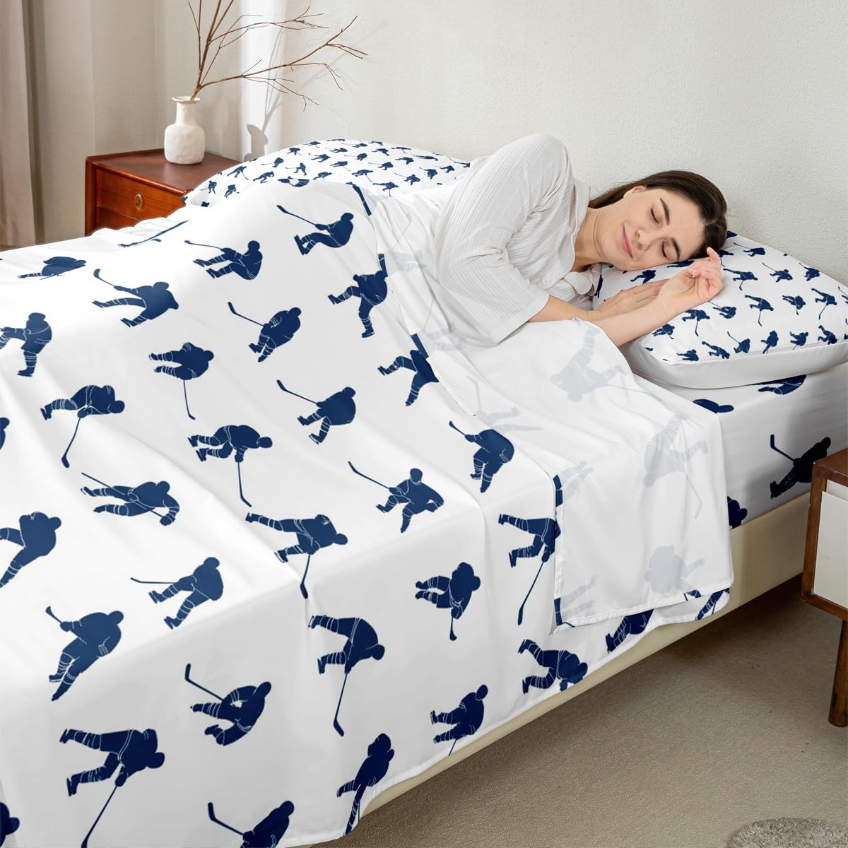 Erosebridal Ice Hockey Sheet Set Full Hockey Player Bed Sheets for Kids Boys Girls Teens Juvenile Sports Game Fitted Sheet Ball Competitive Games Bed Cover Winter Sports Bedroom Decor