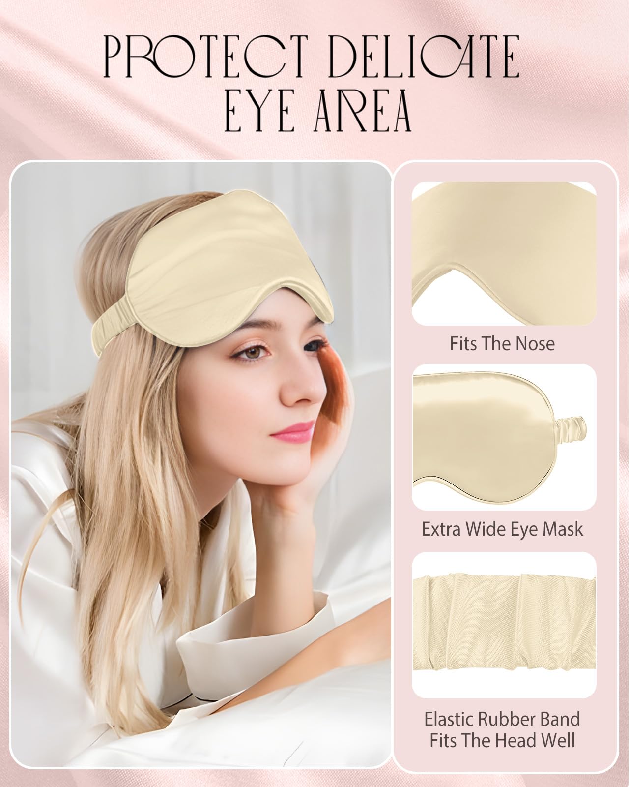 Miss Adola Mulberry Silk Pillowcase Set - 1 Pc Silk Pillowcase with Eye Mask & Scrunchie, Soft Standard 20"x26" Pillow Case for Hair and Skin, Sleeping Gift for Women, Champagne Gold
