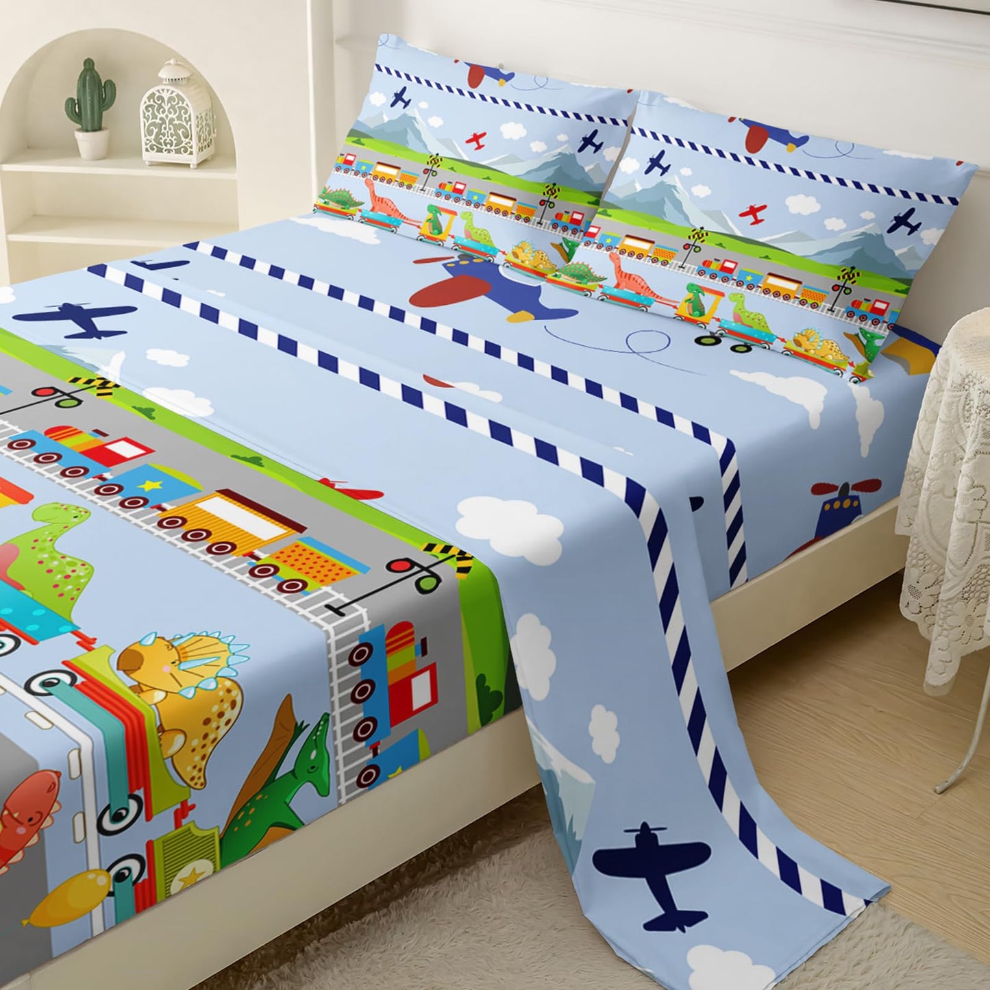 QOOMO Dinosaurs Queen Sheets Set for Boys Cute Bedding Set for Teen Kids Cartoon Dinosaurs Soft Microfiber Train Bed Sheets Kids Airplane Bed（1 Fitted Sheet, 1 Flat Sheet, 2 Pillow Cases）