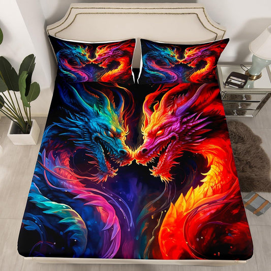 Western Dragon Fitted Sheet Queen Size,Red and Blue Galaxy Universe Colorful Bedding Set 3Pcs for Kids Boys Men Adult Room Decor,Wild Animals Bed Sheet Deep Pocket Sheet,2 Pillowcases