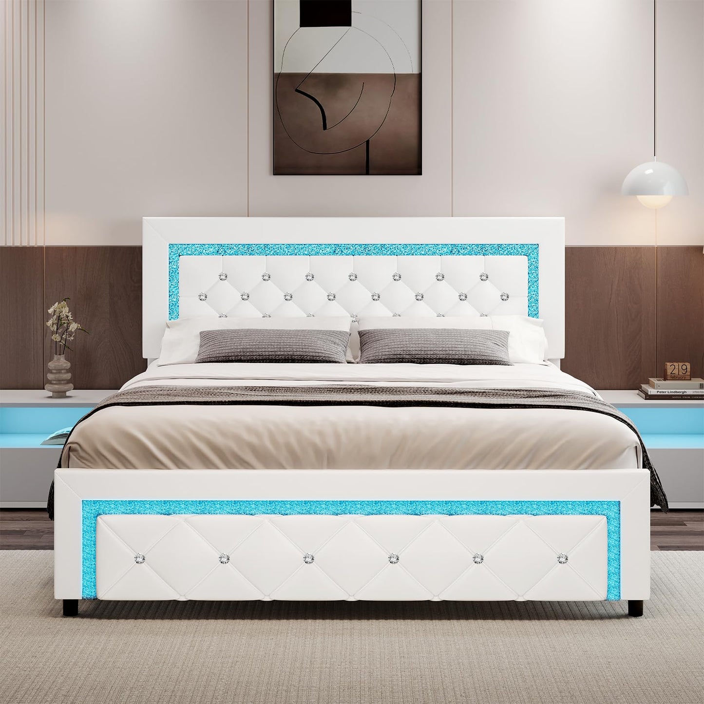 Full Bed Frame with LED Lights, Upholstered Platform Bed with Diamond Tufted Headboard, No Box Spring Needed, Noise Free, Easy Assembly, White