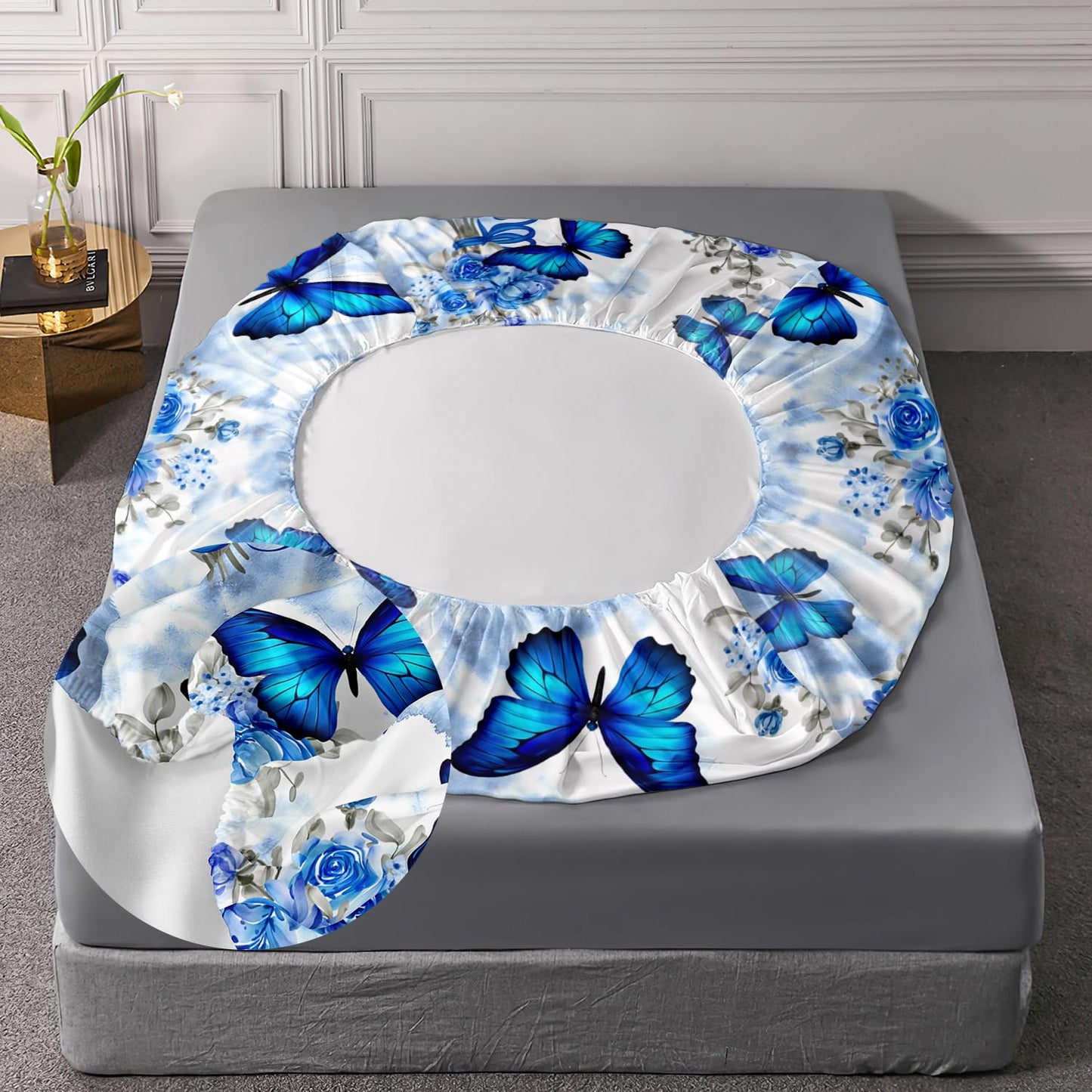 AILONEN Blue Butterfly Fitted Sheet Set for Girls, Twin Size Tie Dye Floral Butterfly Bed Sheet Set,Soft Microfiber Kids Women 3-Piece Breathable Fitted Sheet with 2 Pillowcases