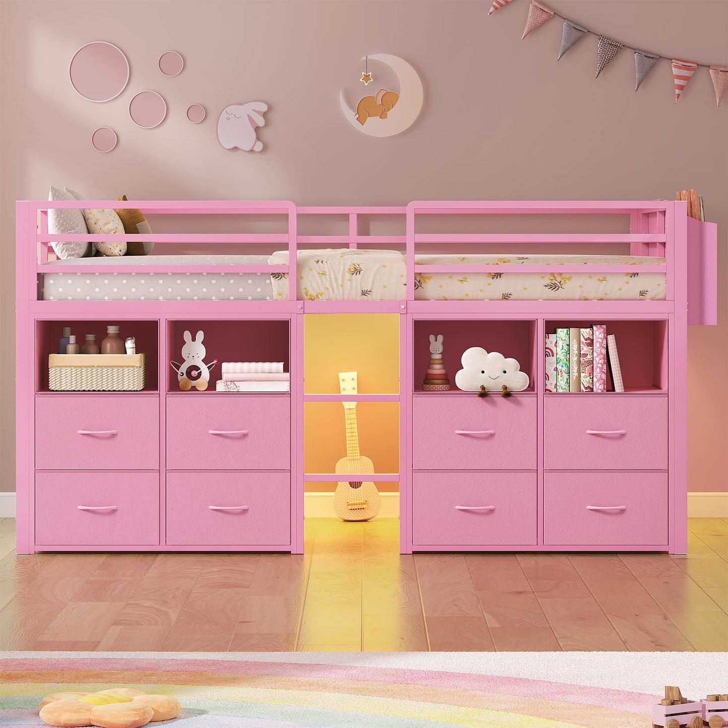 ADORNEVE Low Loft Bed Twin Size with 8 Storage Drawers, Twin Loft Bed with Bookcase and LED Lights, Metal Kids Loft Bed with 14" H Safety Guardrail, Under-Bed Play Space, No Box Spring Needed, Pink