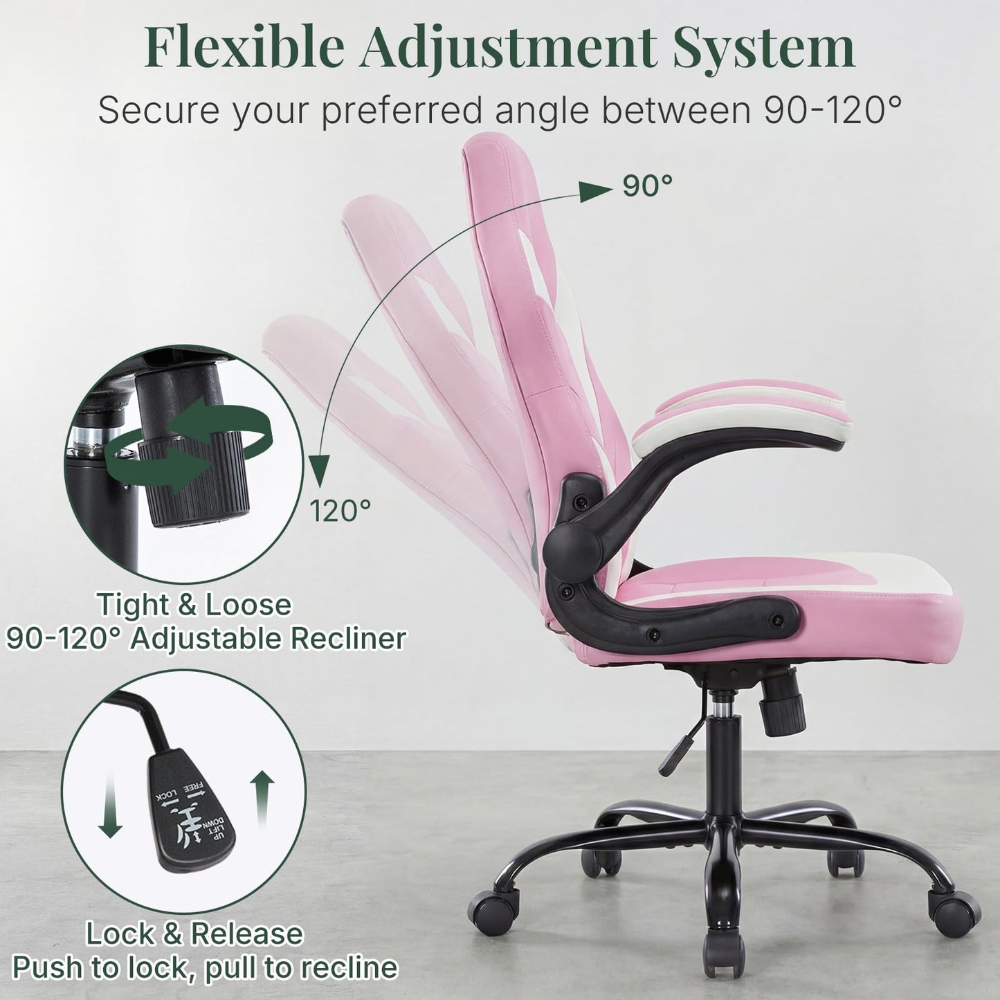 HAPPYMONT Ergonomic Computer Gaming Chair - Home Office Desk with PU Leather Lumbar Support, Height Adjustable Big and Tall Video Game with Flip-up Armrest, Swivel Wheels for Adults,White and Pink