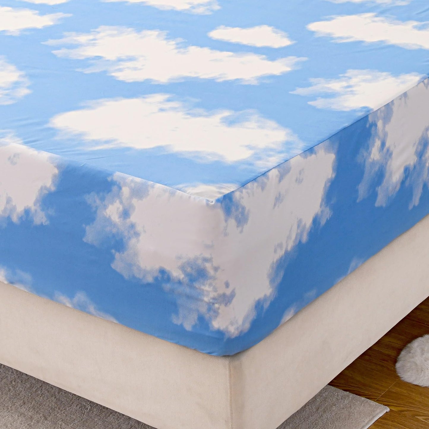 NATURETY Bedding Fitted Sheet with Deep Pocket for Single Bed Mattress Cover Sheets,White Cloud Printed Fabric Bed Sheets (Blue Sky, Queen)