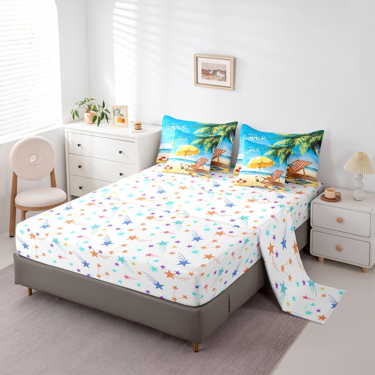 Erosebridal Beach Chair Summer Queen Bedding Set Tropical Palm Tree Comforter Set Kids Adults Cartoon Seashell Starfish 7-Piece Bed in a Bag Hello Summer Seaside Vacation Quilt Sets