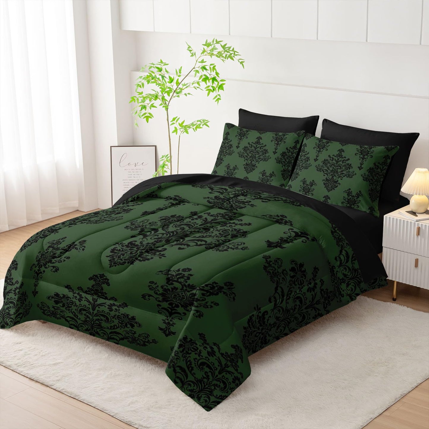 Smell Sunshine 7Pcs Comforter Set Black Retro Pattern Printed Bedding Set with 1 Comforter,1 Flat Sheet,1 Fitted Sheet and 4 Pillowcases for Men and Women Bedroom All Season(Twin)