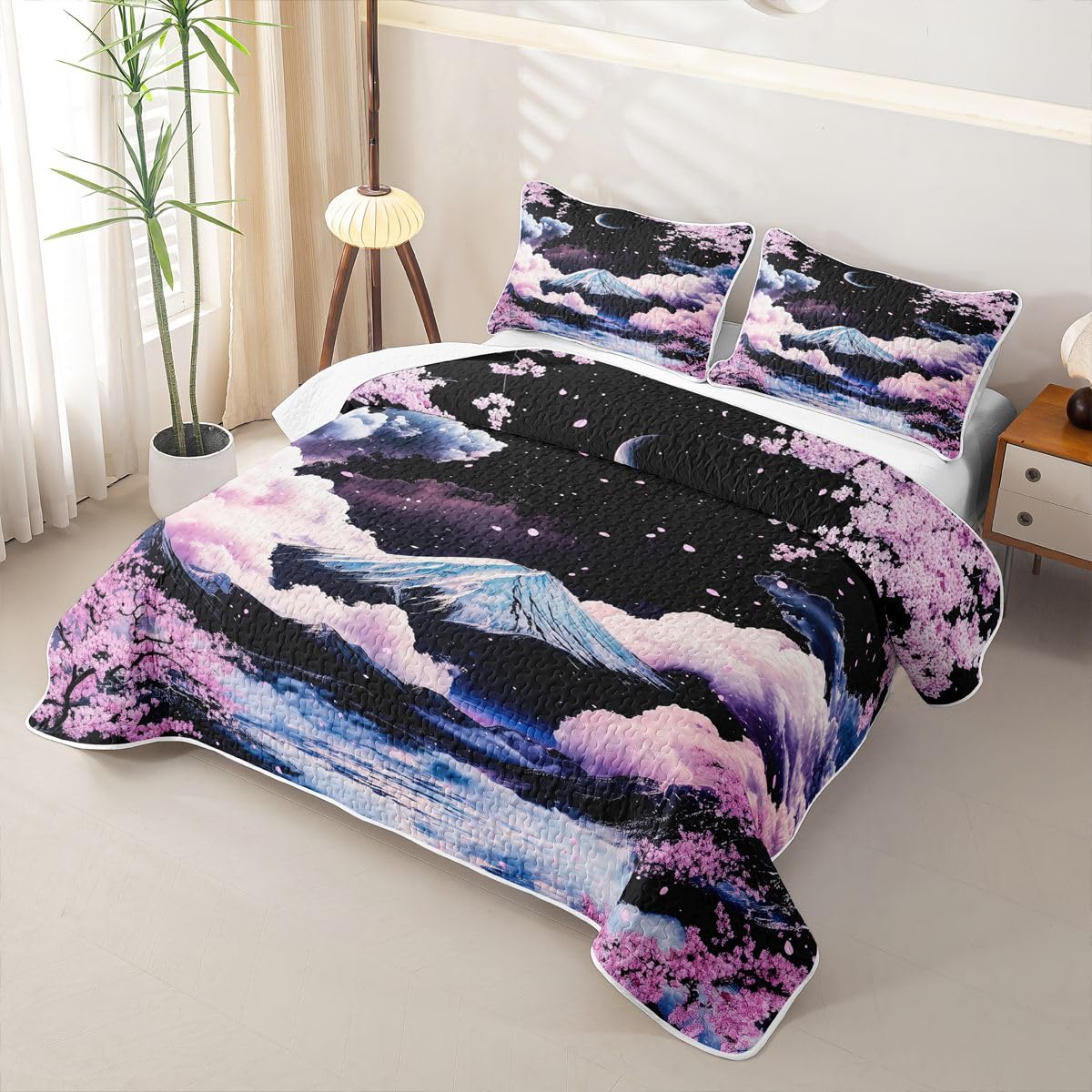 Erosebridal Japanese Cherry Blossom Quilts Twin Size - Japanese Style Bedspread Coverlet Set, Japan Mount Fuji Quilt Coverlets 2Pcs (Only 1 Pillowcase)