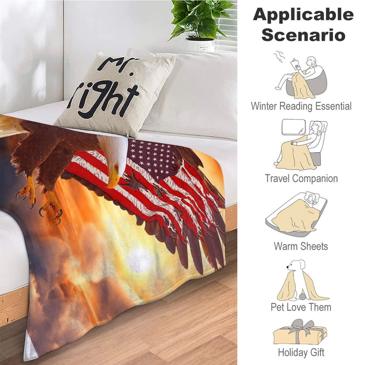 Bald Eagle Blanket American Flag Eagle Decor Throw Blanket Bald Eagle Blanket Gifts for Men Super Warm Soft Plush Fleece Flannel Blanket Winter Couch Bedding Blanket for Girls Kids Adults 40"x50"
