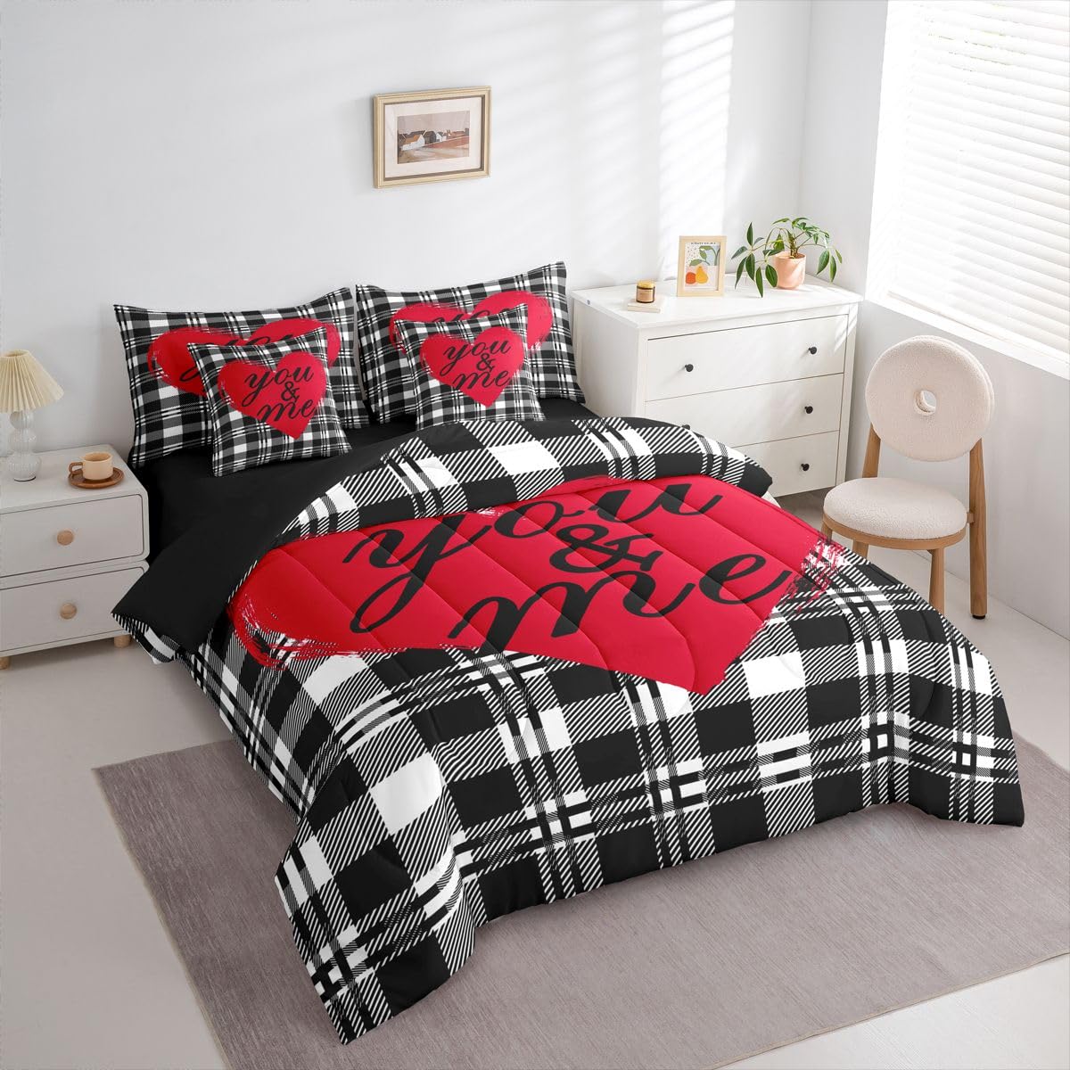You and Me Bed in a Bag Queen Comforter Set 7-Piece | Valentines Day Decorations Bedding Sets Black and White Grid Comforter and Sheet Set, Geometric Checkerboard Lattice Buffalo Plaid Room Decor
