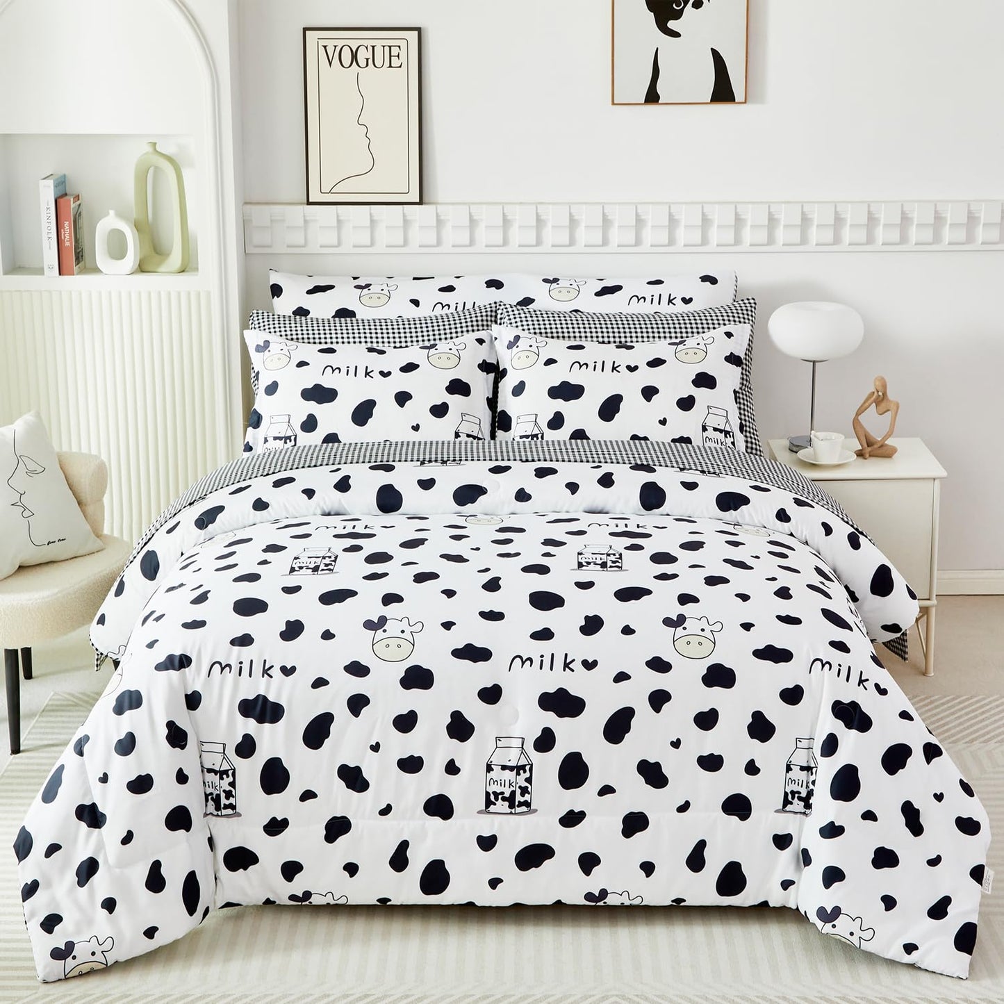 SUCSES Full Size Comforter Set with Sheets 8 Piece Cow Print Bedding Set for Boys Girls Black and White Kids Bed-in-A-Bag Farmhouse Rustic Bed Set for Bedroom (Milk Cow, Full)