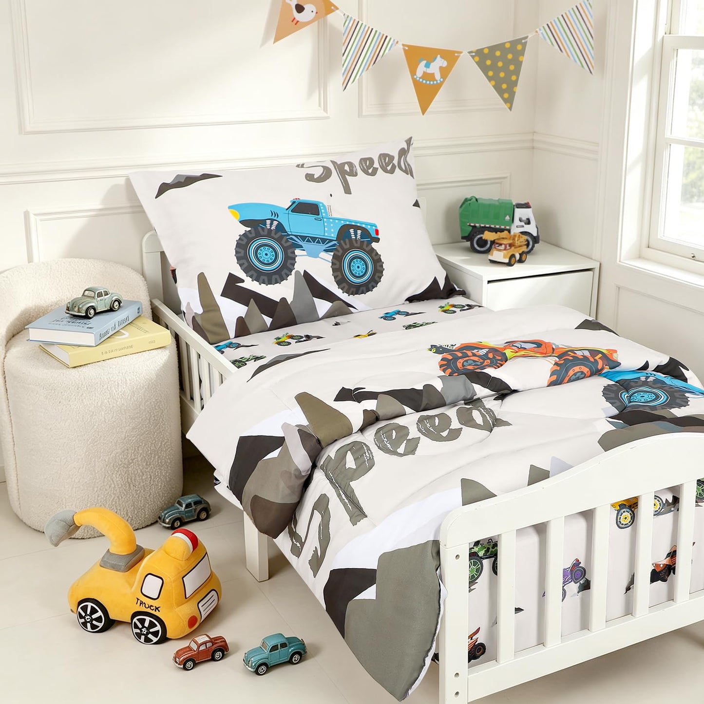 DAYEEBALL 4 Piece Toddler Bedding Set, Ultra Soft and Breathable Cartoon Car Toddler Comforter Sets for Boys Includes Quilted Comforter, Fitted Sheet, Flat Sheet and Pillowcase