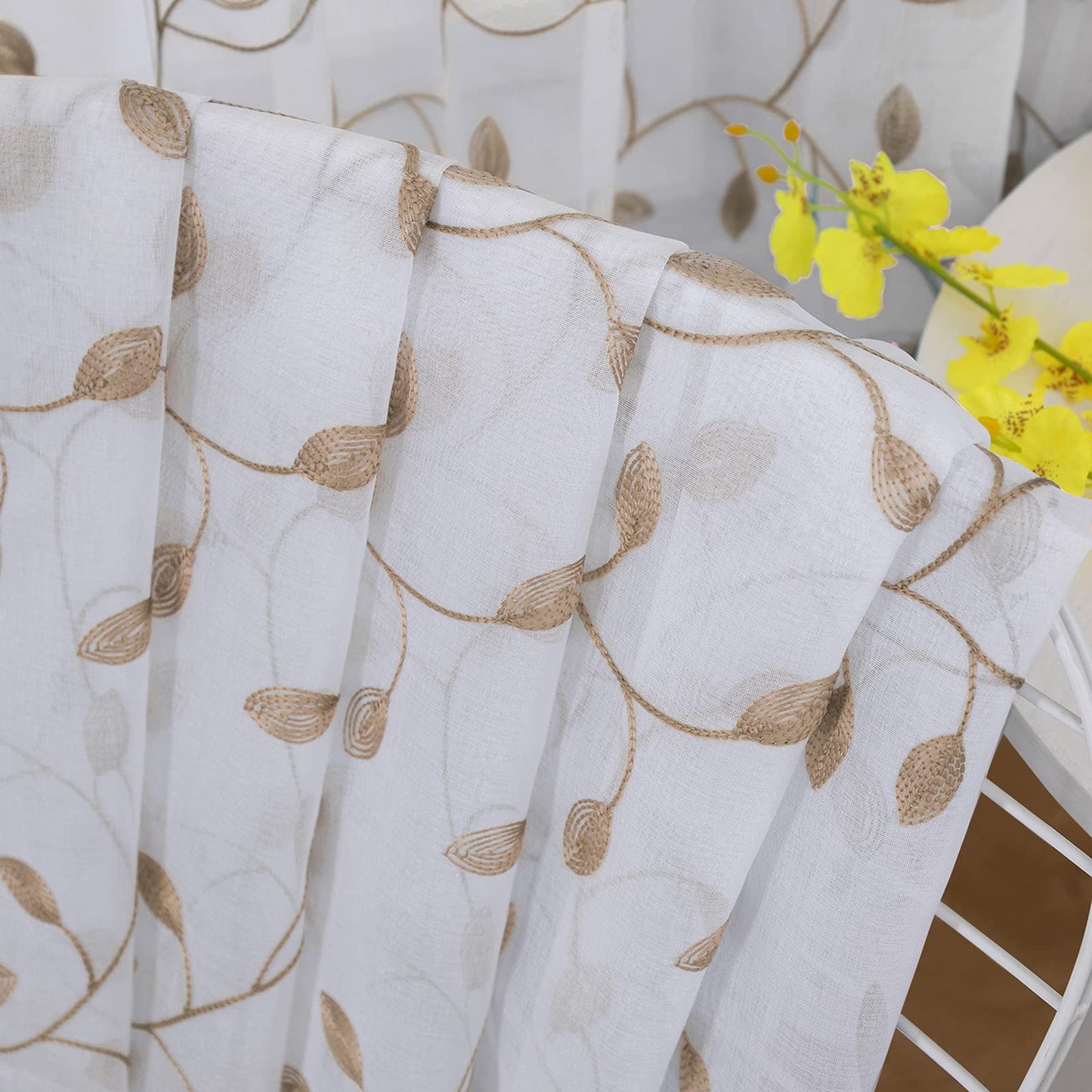Tollpiz Leaves Sheer Curtains Taupe Leaf Embroidery Bedroom Curtain Rod Pocket Voile Faux Linen Embroidered Leaves Curtains for Living Room, 54 x 63 inches Long, Set of 2 Panels