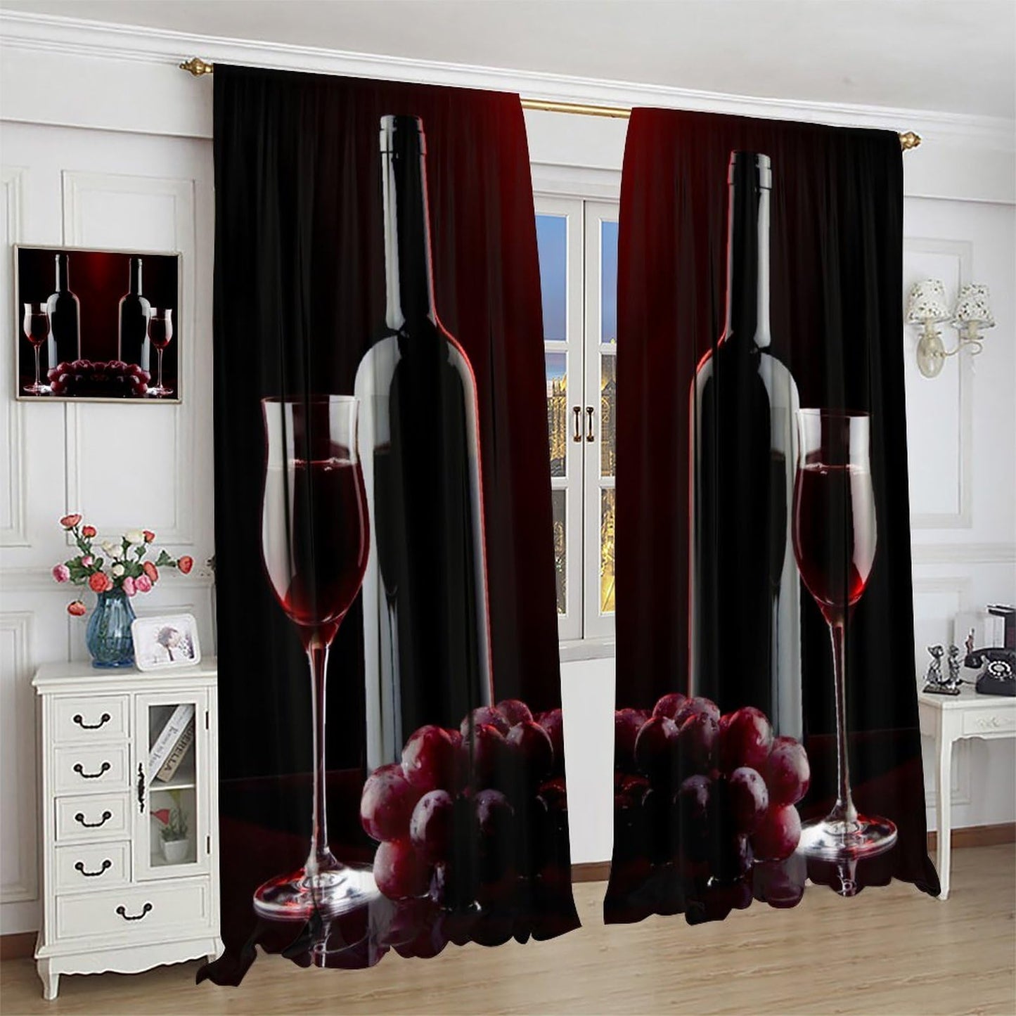 Wine Curtains, Red Wine Bottle Glass Grapes Print, Light Filtering Window Drapes for Kitchen Dining Room Living Room, 20.5" W x 44.5" L, 2 Panels （No Blackout）