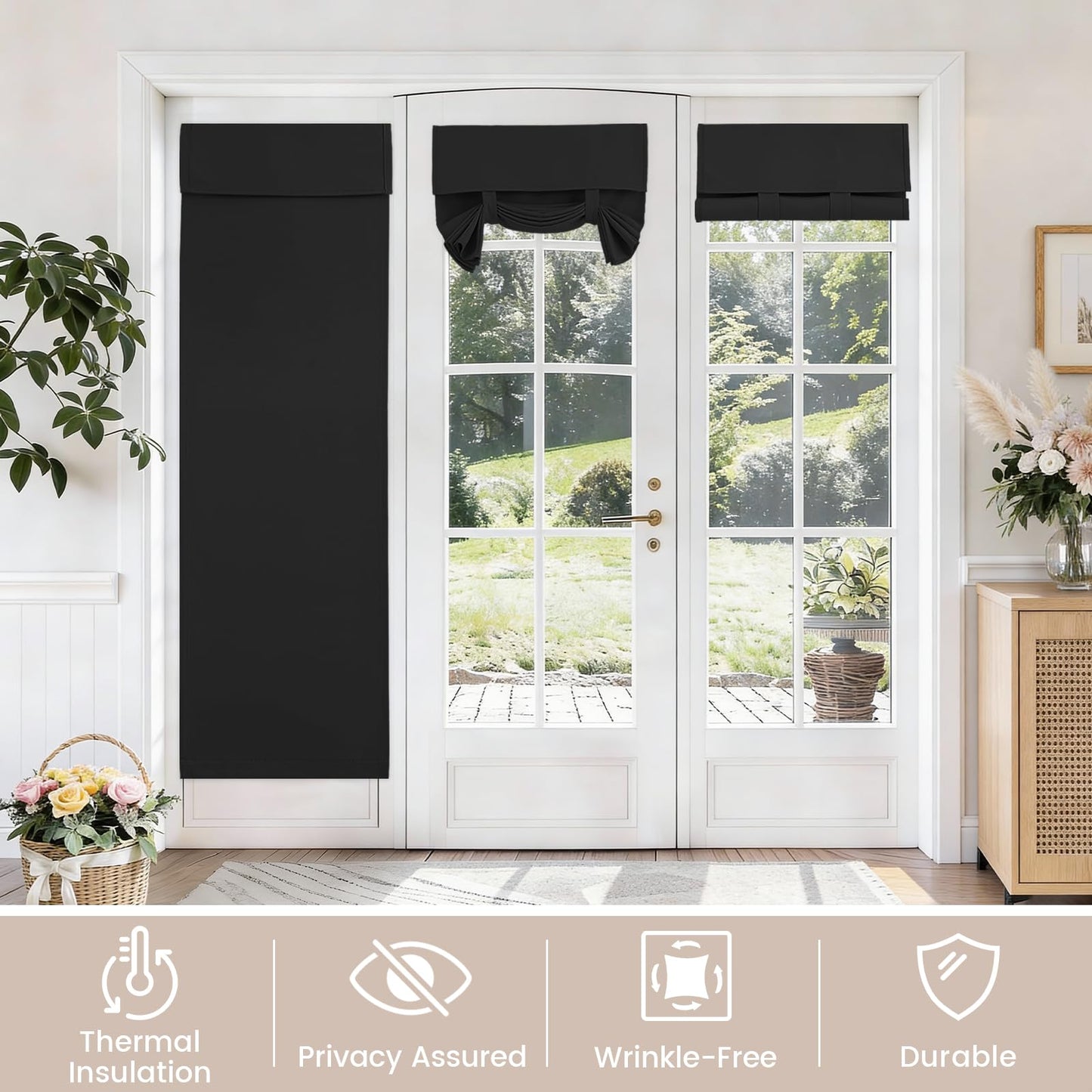 Vatge Small Door Window Curtains Privacy Thermal Insulated Blackout Window Coverings for Front Glass Door Tie Up Shade for Home Office, 1 Panel, W26 x L20, Black