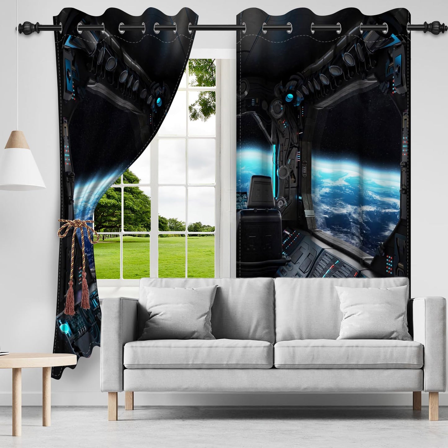 Renaiss Spacecraft Interior Window Curtains Futuristic Spaceship Cockpit Window Treatments Outer Space Earth View Blackout Drapes for Bedroom Living Room French Door Decor 42x84 Inches x 2 Panels