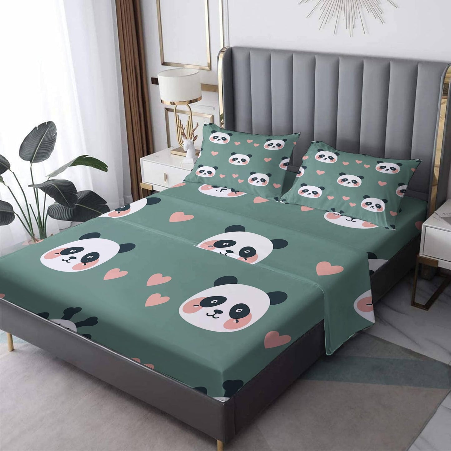 MPNVYU Kid Sheets Queen Sheet Set, Cute Panda Bed Sheets, Kawaii Black White Bear Bedding Bedroom Decor, Soft Microfiber Deep Pocket Fitted Sheet & Flat Sheet & 2 Pillowcases