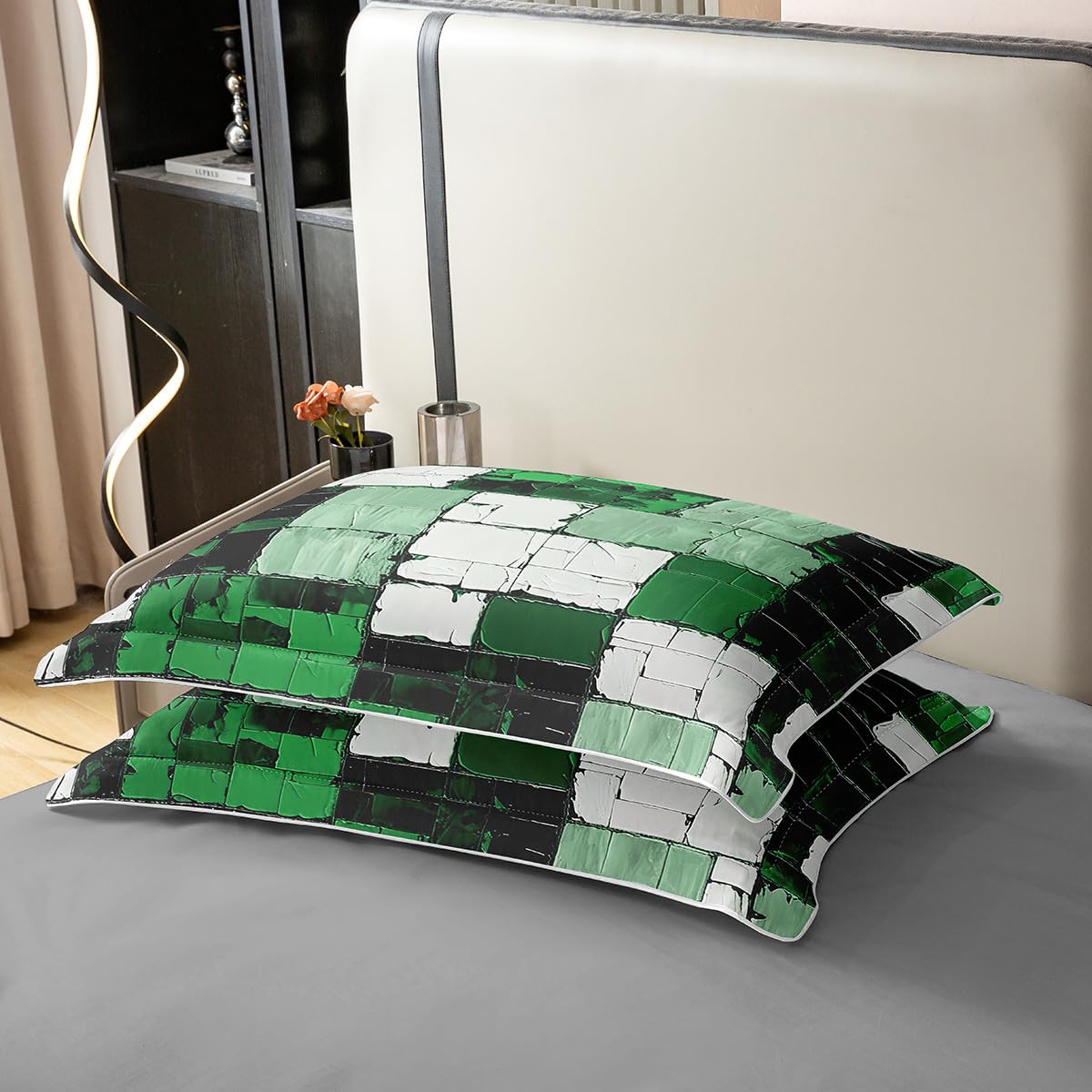 jejeloiu Green Black Abstract Duvet Cover 100% Cotton Geometric Minimalist Square Bedding Set King Size for Kids Boys Girls Modern Abstract Art Comforter Cover（No Comforter）