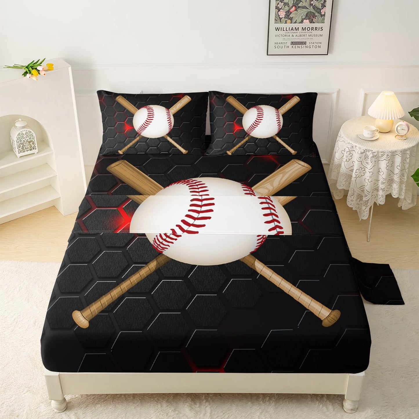 QOOMO Baseball Sheet Set,Honeycomb Kids Bed Sheets,Black Baseball 16" Deep Pocket Bed Sheet Set for Boys/Girls/Kids/Teens，4 Piece Sheet Set, 1 Fitted Sheet,1 Flat Sheet and 2 Pillowcases，Twin Size
