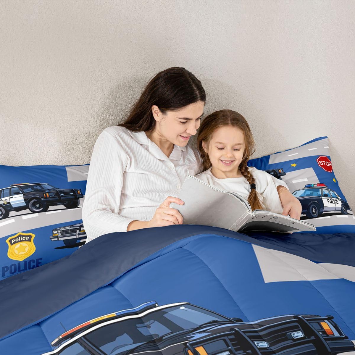 Erosebridal Police Car Comforter Set for Kids Twin Size, Cartoon Policeman Bedding Set for Boys Teens, Vehicle Comforter, Badge Quilt Duvet Set 1 Pillowcase Blue Grey