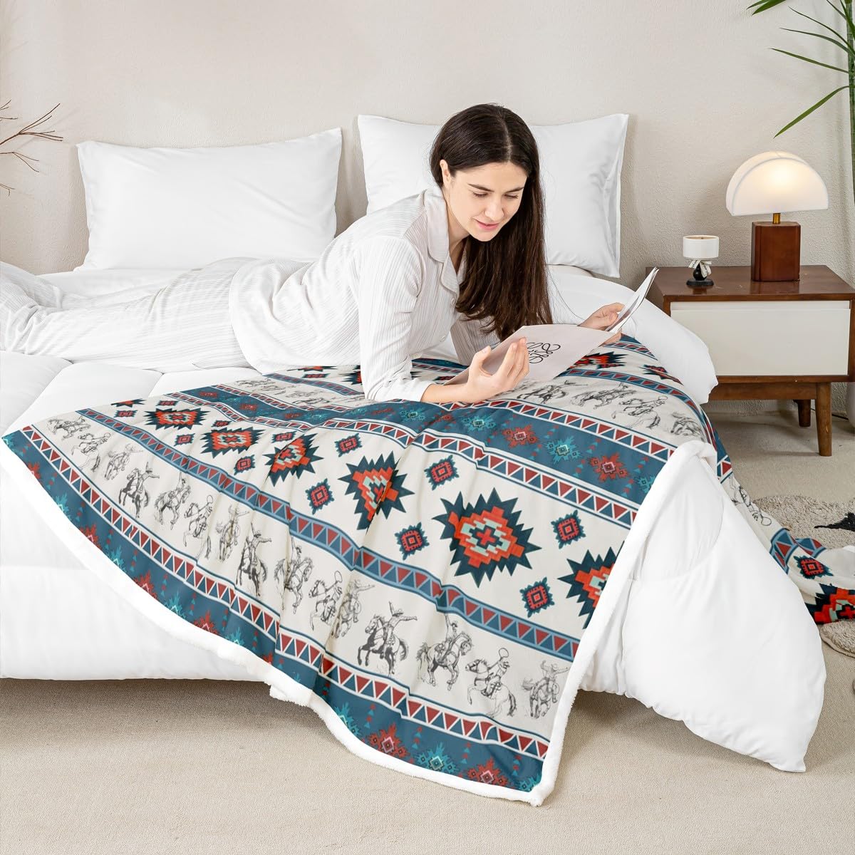 Feelyou Western Cowboy Sherpa Throw Blanket for Couch Southwestern Aztec Pattern Super Cozy Fleece Ranch Farmhouse Blanket for Winter, Plush Throw Horse Riding Design 40"x50" Teal and Red All Season