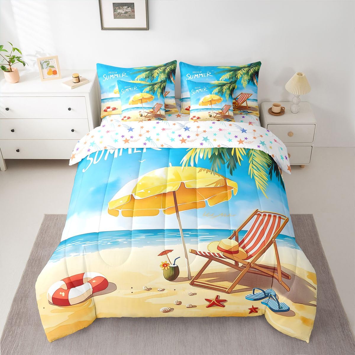 Erosebridal Beach Chair Summer Queen Bedding Set Tropical Palm Tree Comforter Set Kids Adults Cartoon Seashell Starfish 7-Piece Bed in a Bag Hello Summer Seaside Vacation Quilt Sets