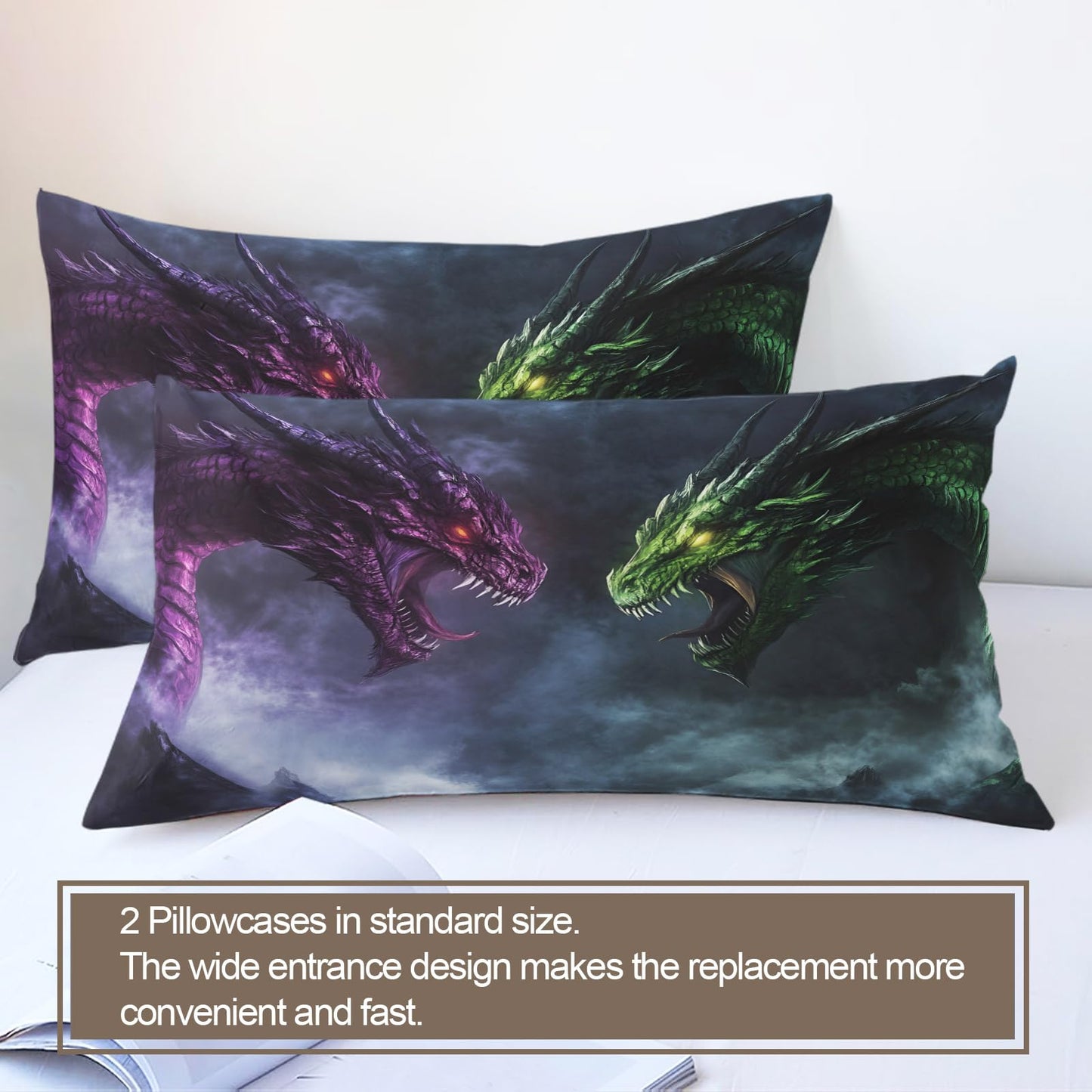 PAISUOQ Duvet Cover Queen Size - Fantasy Dragon Bedding & Home Decor, Mysterious Animals Comforter Cover with 2 Pillow Shams & Zipper, Microfiber & Easy Care, Purple Green Dragon Gifts