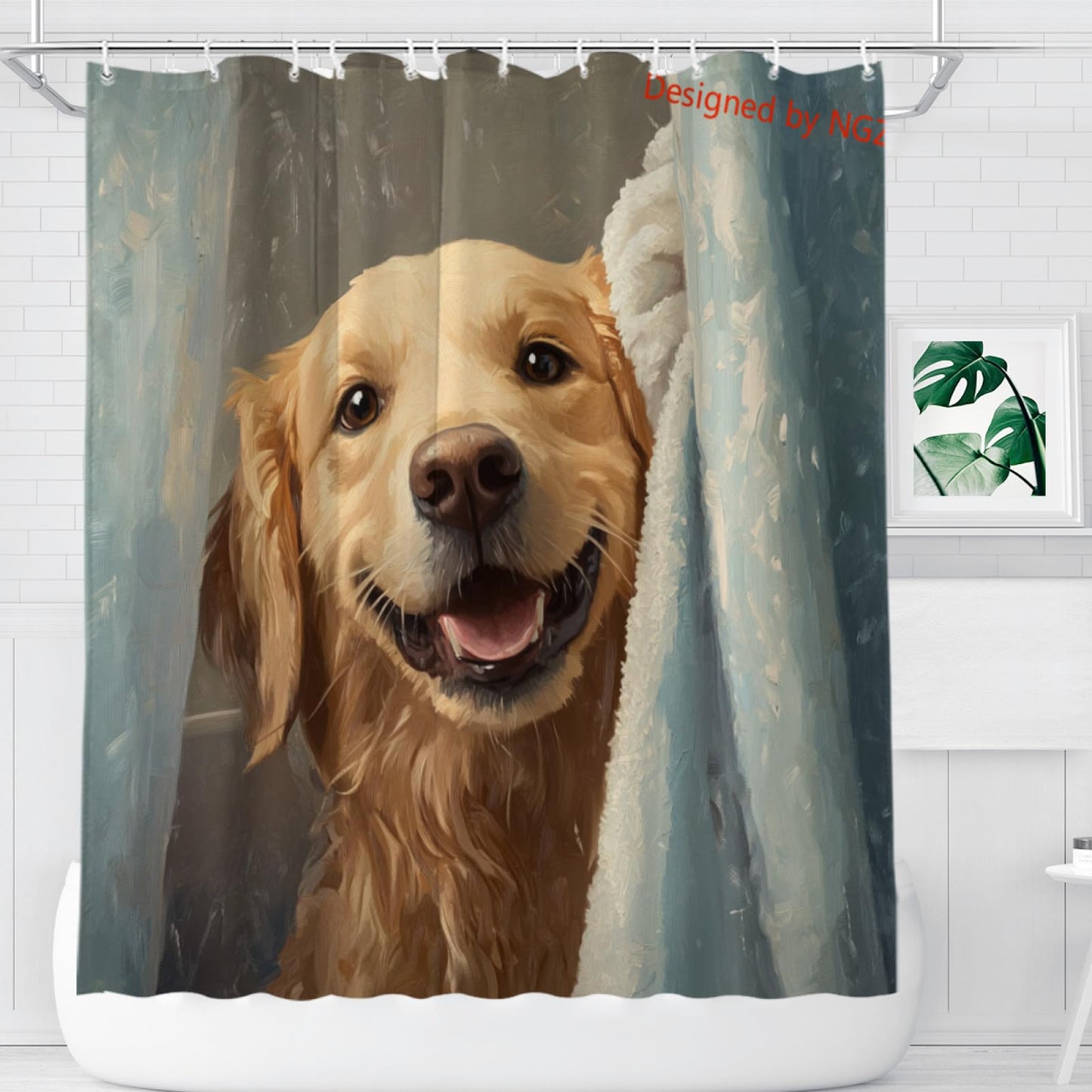 NGZ Funny Dog Cute Golden Retriever Shower Curtain Durable Waterproof Fabric Bathtub Sets Home Fabric Bathroom Shower Curtain Set with Hooks 72x72 Inch