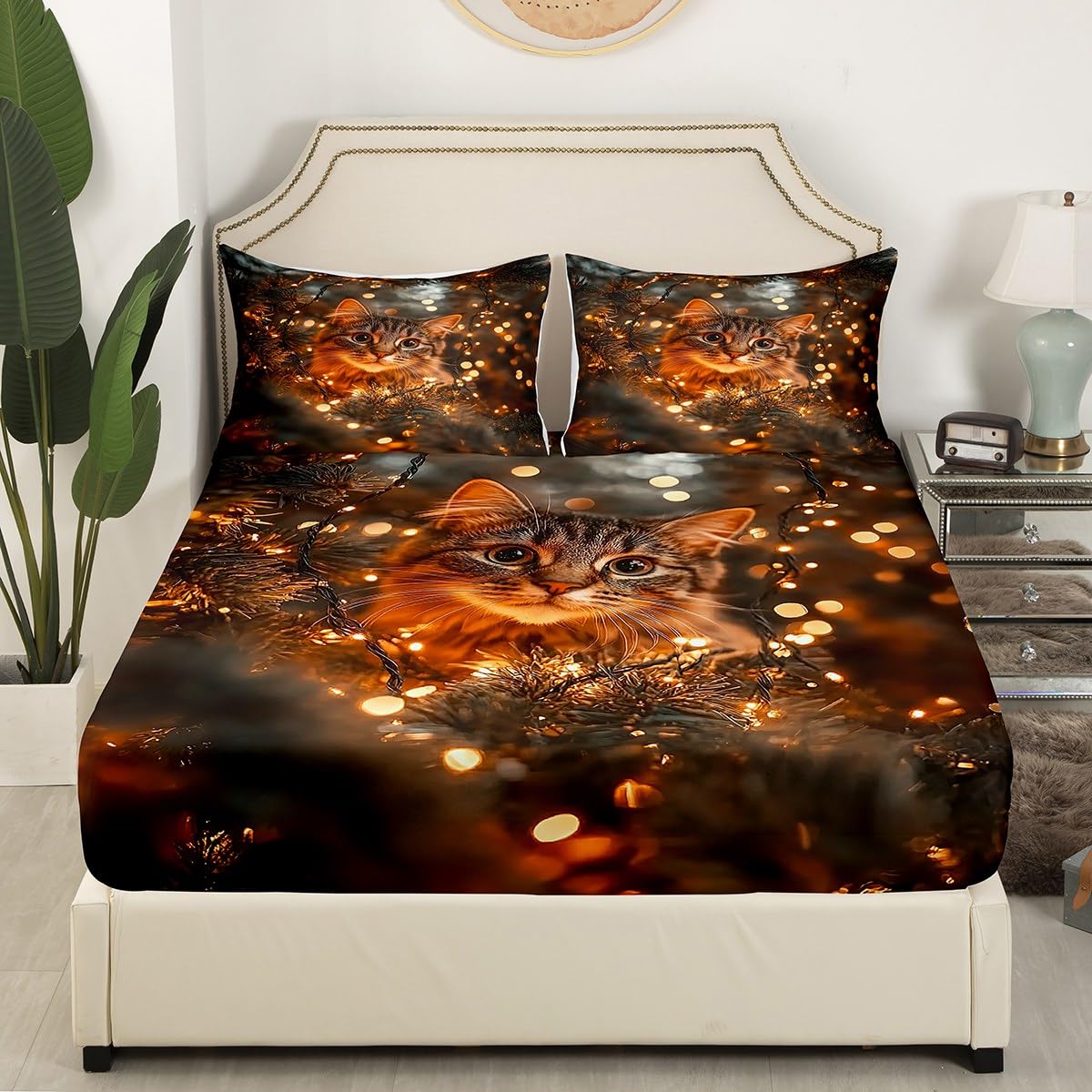 Feelyou Kids Cat Bed Sheet Set Full Size, Cats Print Fitted Sheet Boys Girls Cute Kitten Bedding Set Cartoon Animal Teens Bed Cover Bedroom Decor Lightweight Bed Set (No Flat Sheet)