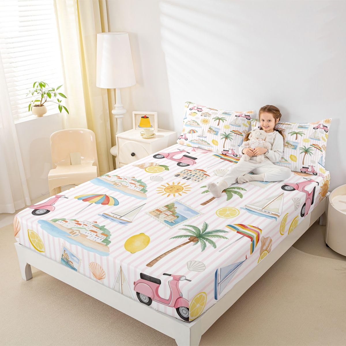 Summer Coastal Fitted Sheets Full Size (No Flat),Ocean Beach Life Bedding Set 3Pcs,Kids Teens Woman Room Decor,Tropical Coconut Tree Lemon Bed Sheet Sun and Pink Bike Deep Pocket Sheet,2 Pillowcases