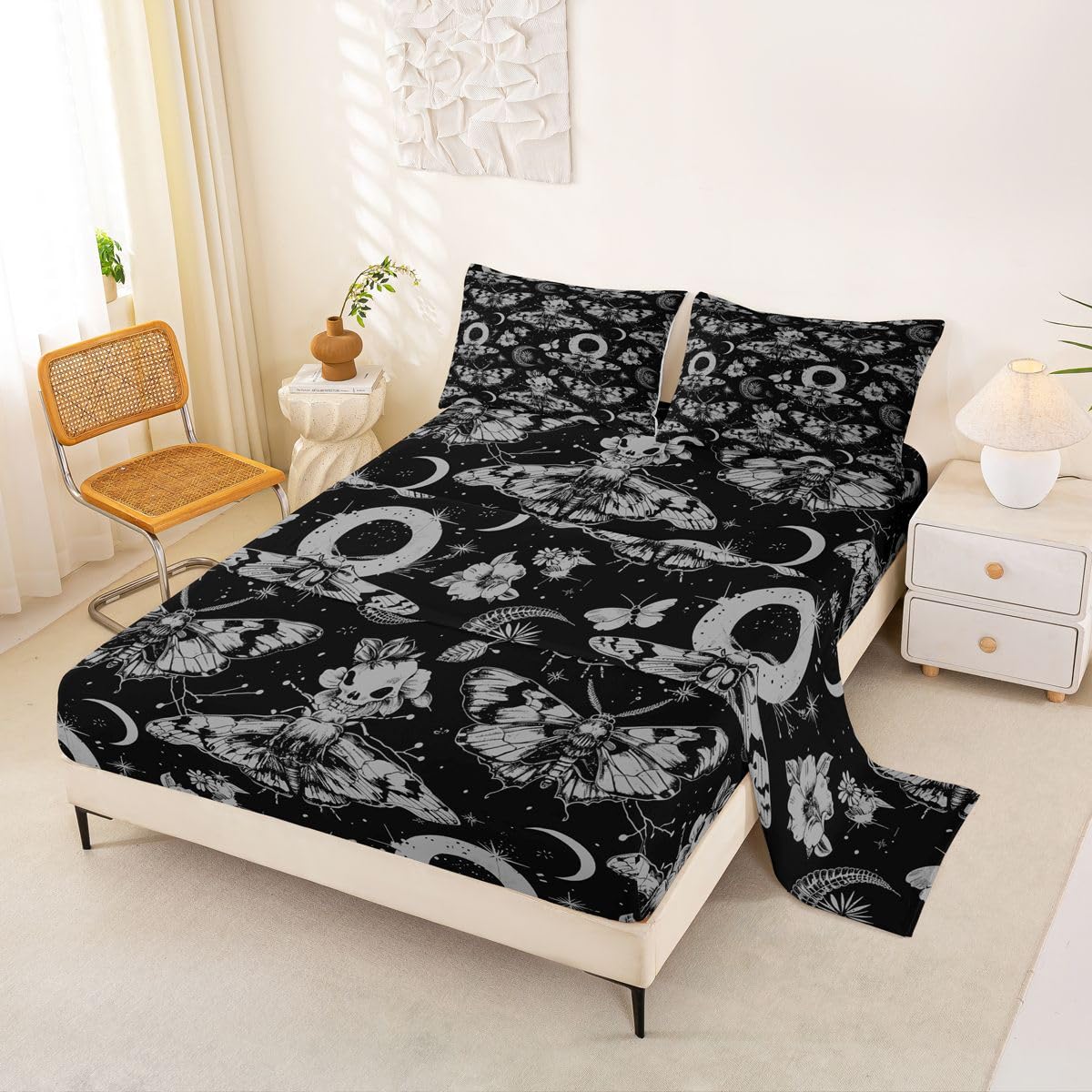 Feelyou Death Moth Bed Sheets Set Full Size Halloween Themed Bed Set for Kids Boys Girls Boho Moth Deep Pocket Fitted Sheet Gothic Breathable Soft Lightweight Microfiber Black and Gold