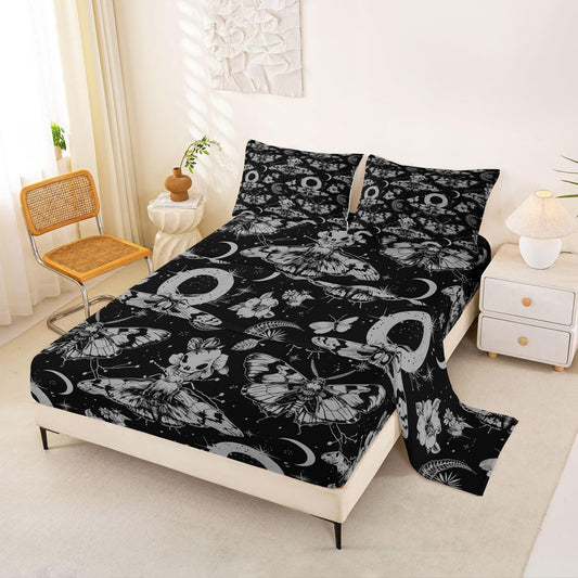 Feelyou Death Moth Bed Sheets Set Full Size Halloween Themed Bed Set for Kids Boys Girls Boho Moth Deep Pocket Fitted Sheet Gothic Breathable Soft Lightweight Microfiber Black and Gold