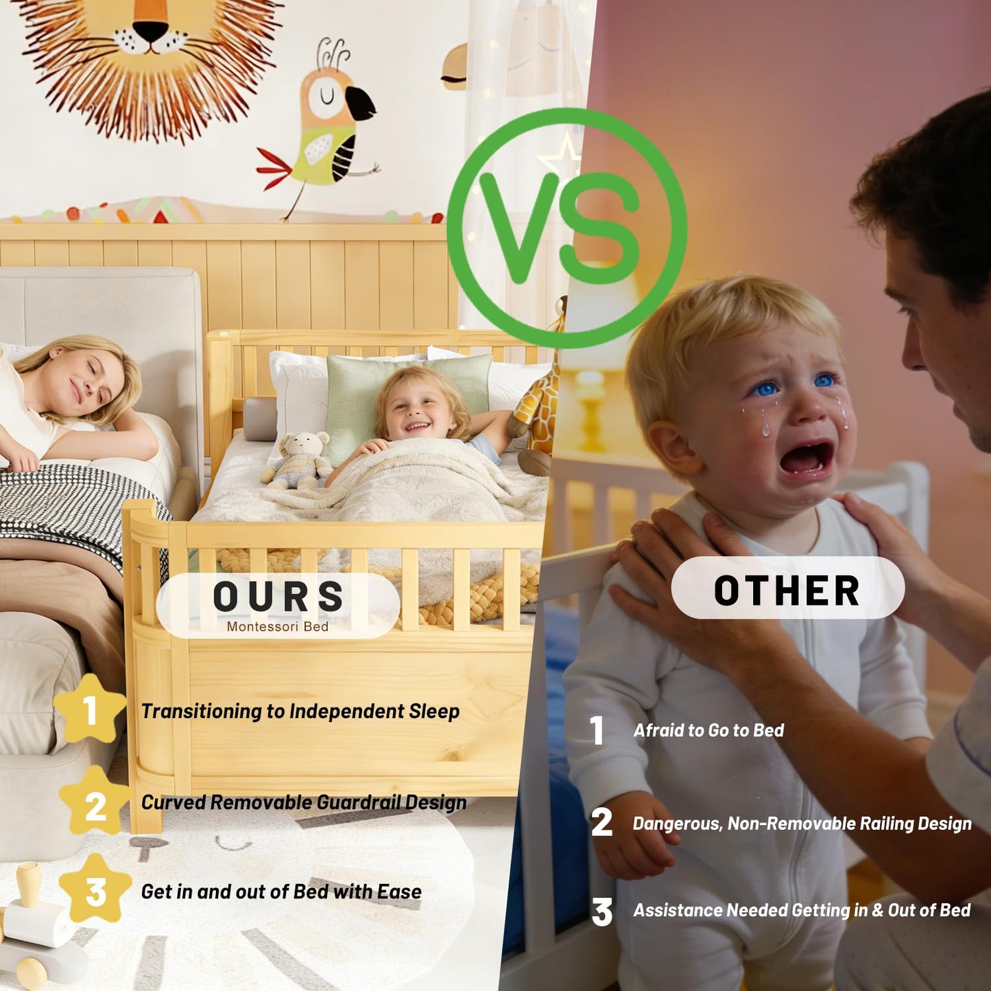 OYUMOENTS Full Size Kids Bed Frame, Low Profile Montessori Bed Full with Rails, Wood Daybed for Girls & Boys, No Spring Box Required, No Squeaks, Natural