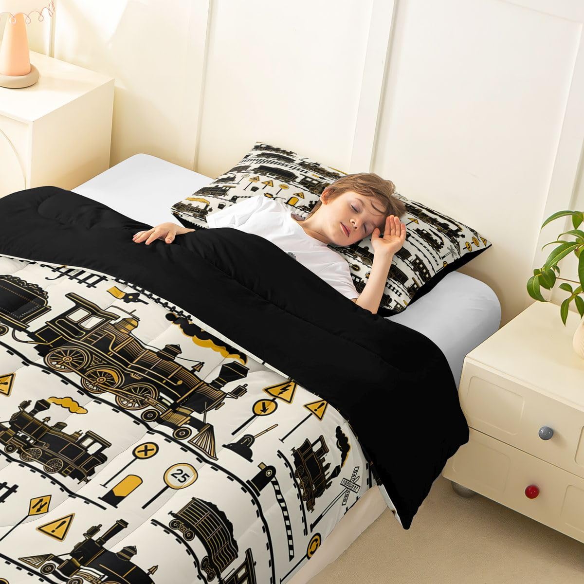 Erosebridal Cartoon Steam Train Kids Comforter Sets Funny Train Full Bedding Set for Boys Girls Retro Transport Vehicle Comforter Set Steampunk Railway Aesthetic Quilt Duvet 3 Pcs