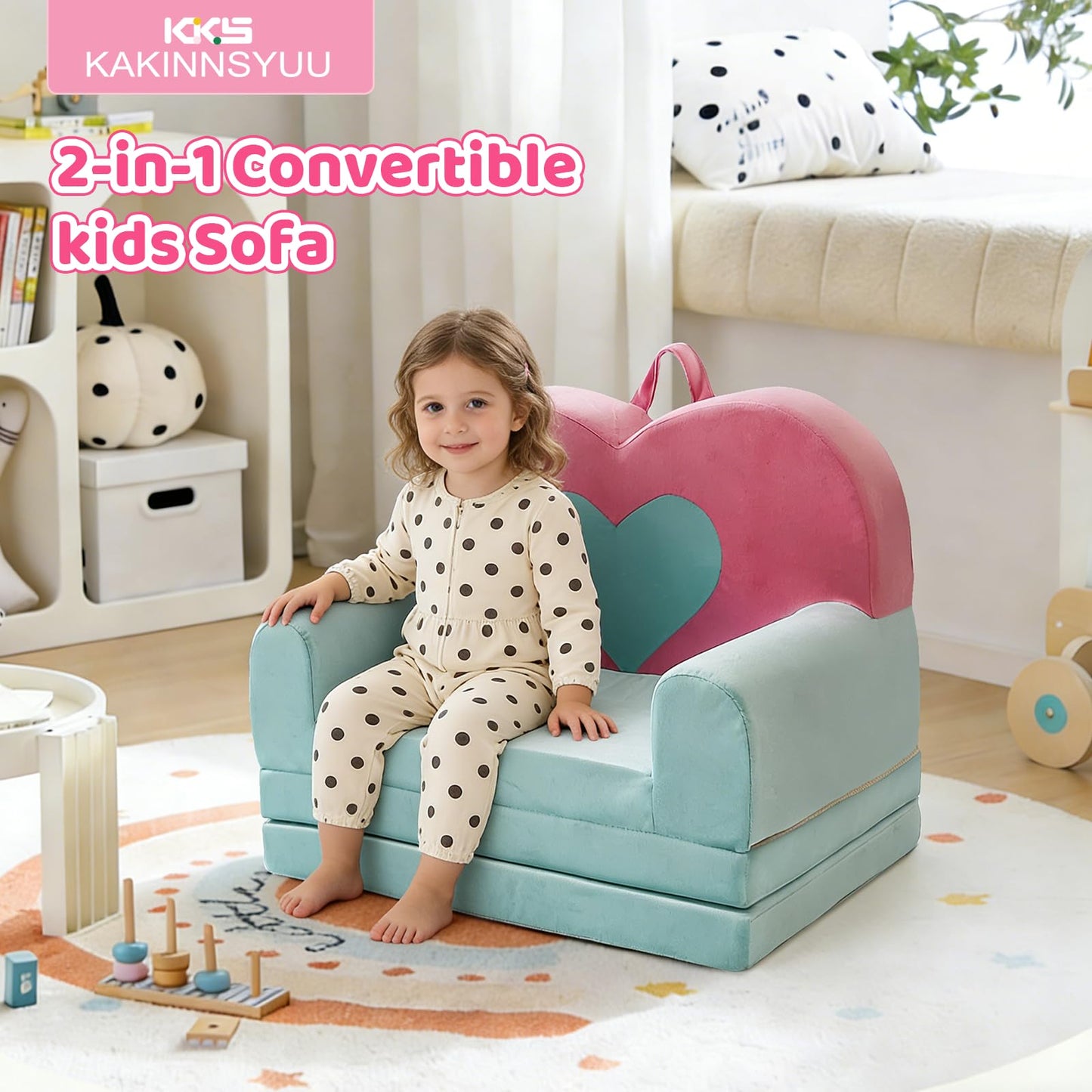 KKS KAKINNSYUU 2 in 1 Toddler Couch Kids Sofa, Fold Out Foam Couch Convertible to Lounger, Soft Plush Toddler Sofa for Playroom, Kids Furniture Gift for Birthday Childrens Day, Pink Heart