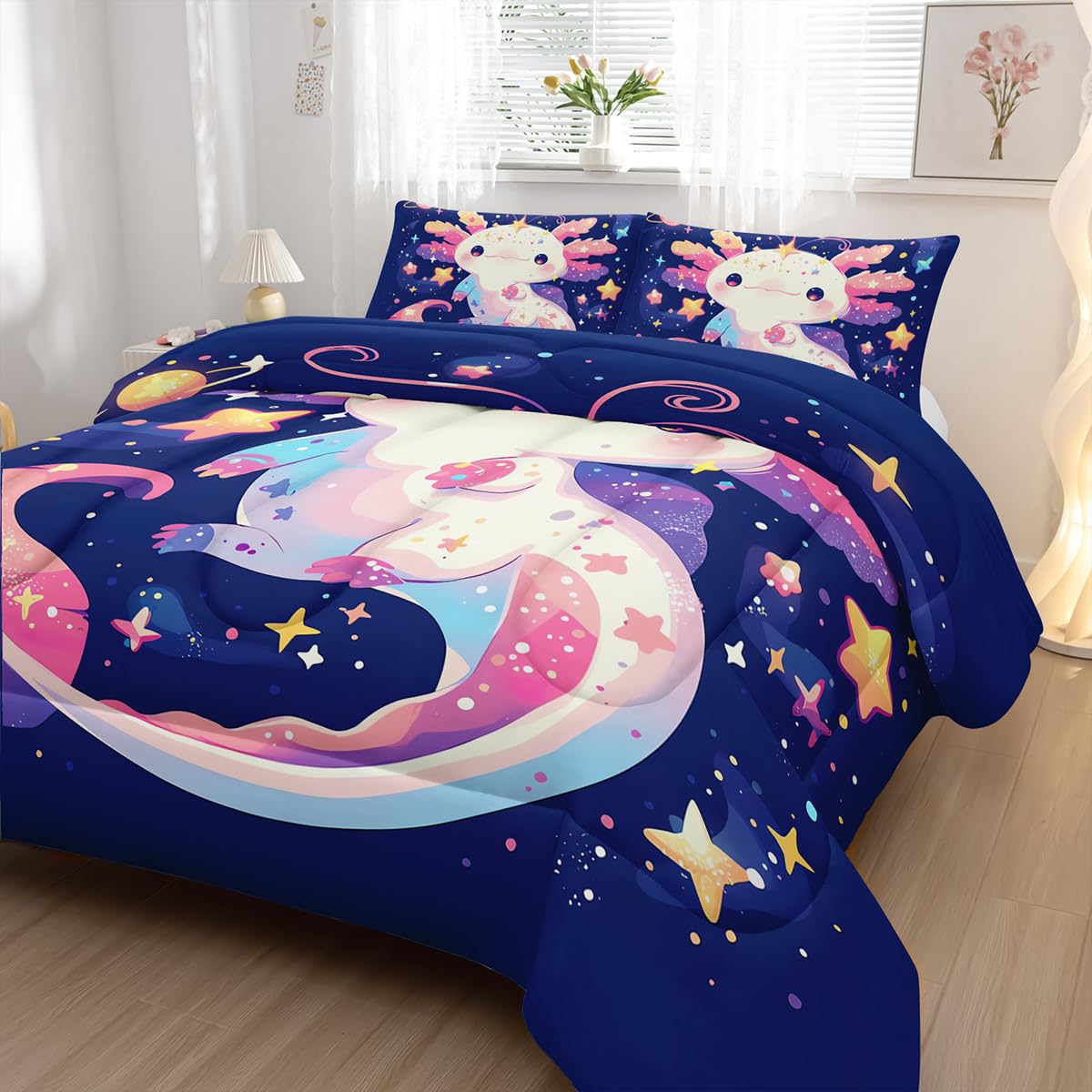 Nttopship Cartoon Axolotl Comforter Bedding Set with 2 Pillowcase Twin Size Pink Salamander Comforter Set for Kids Boys Girls Bedroom Decor
