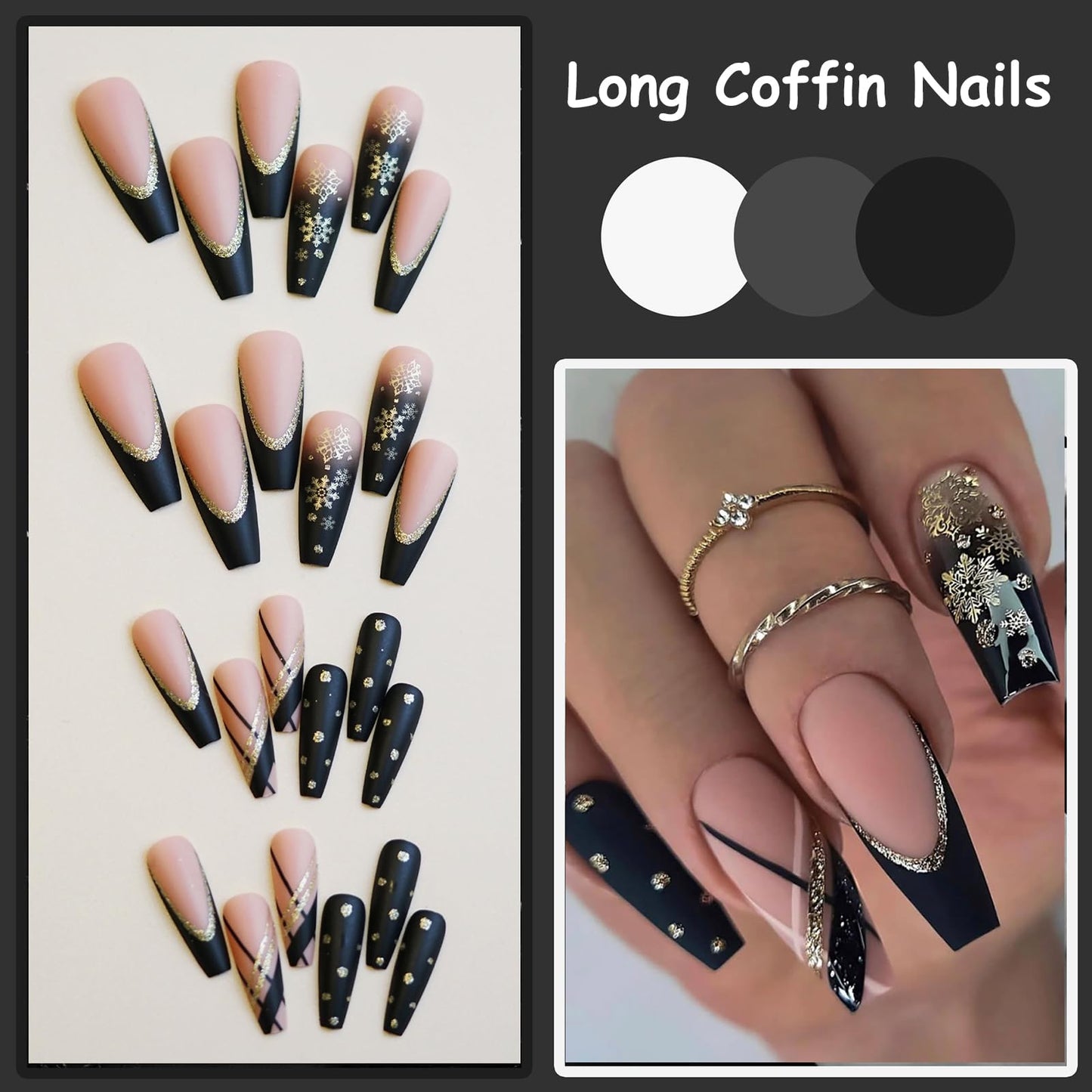 MISUD Press on Nails - Long Coffin Fake Nails with Black Gold, Acrylic Snowflake Glitter Design 24 pcs