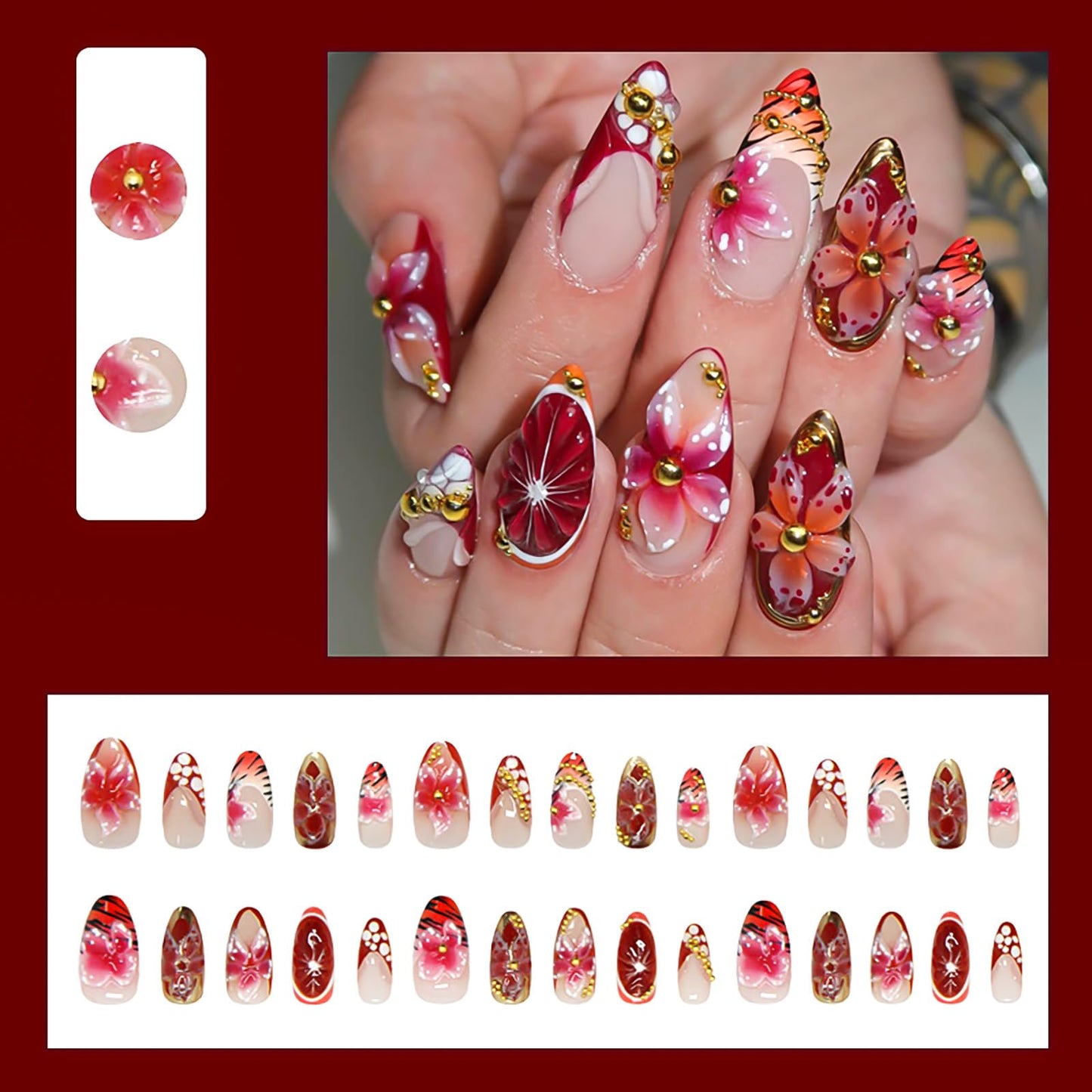 RUOKEXIN Almond Press on Nails French Tip Fake Nails Medium False Nails with Gold Pearl Designs Acrylic Nail Press ons Sparkly Artificial Nails for Women 30Pcs