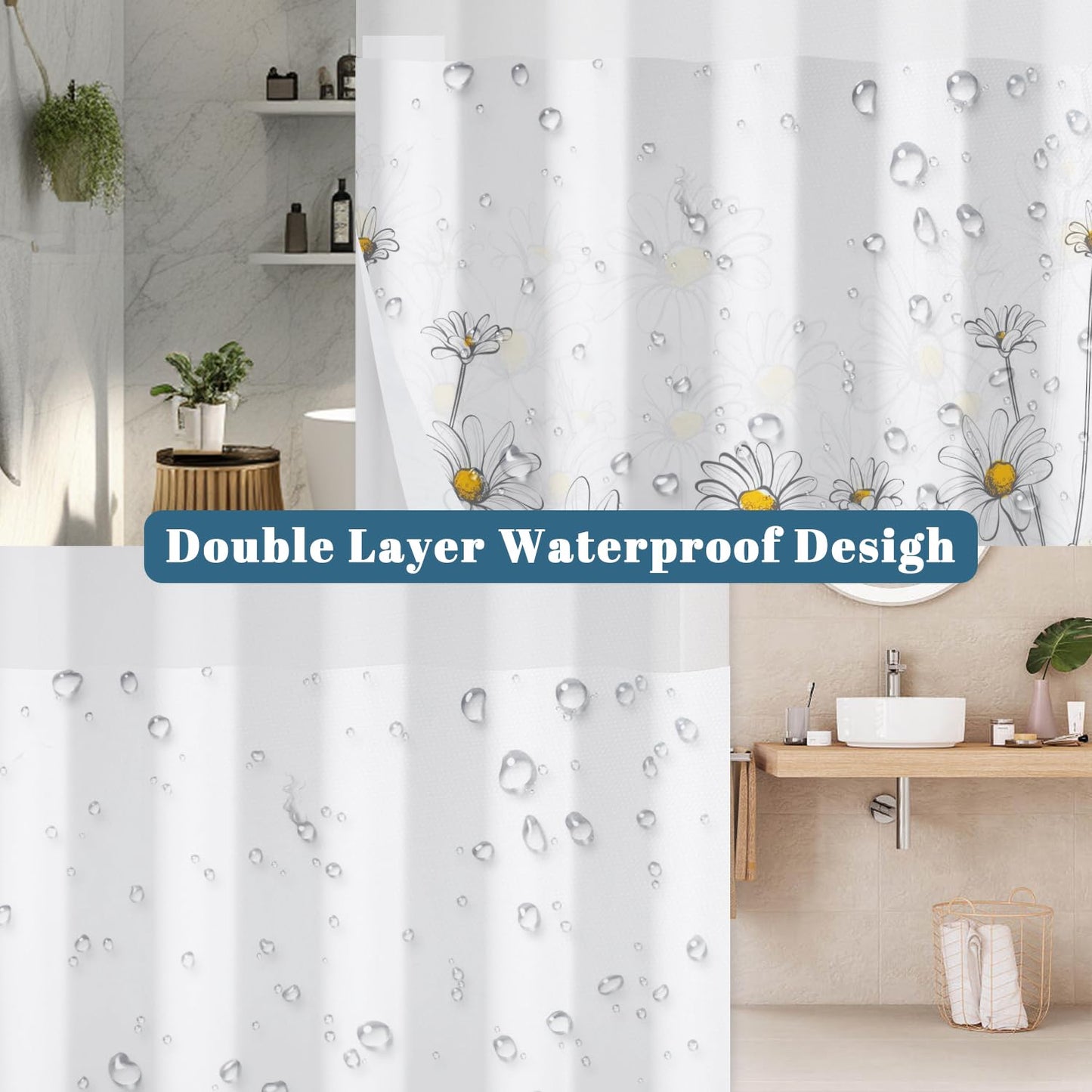 Xiazhilaio Daisy Floral Shower Curtain with Snap in Liner - Spring Summer Themed Flower Bath Shower Curtain No Hooks, Waterproof Double Layer Bathroom Curtain with Mesh Top Window, 71″W x 74″L