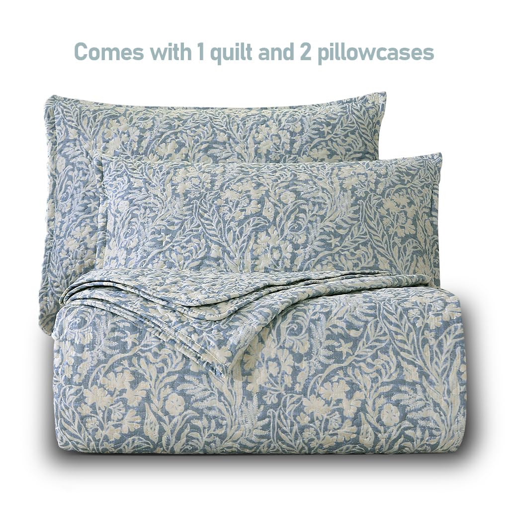 DURLENGEN Botanical Quilt Set King Size 3Pcs, Bluish Grey Printed with Beige Leaves Pattern,Soft Polyester Lightweight Bedspread for All Season Layering(King 106x96,Beige Botanical)
