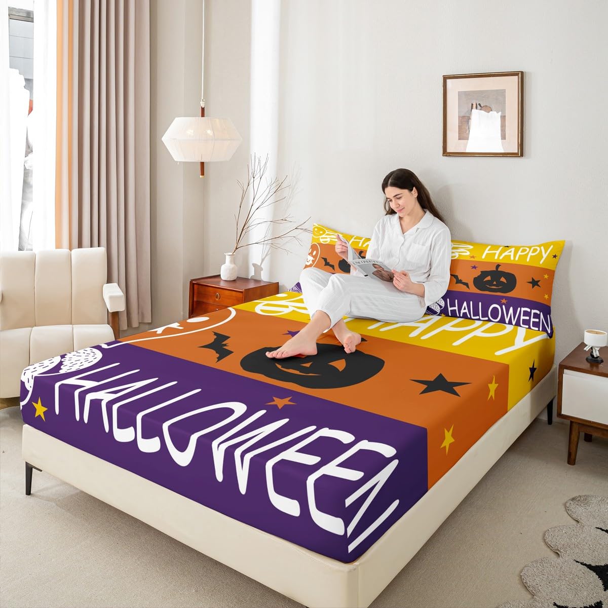 Feelyou Kids Happy Halloween Fitted Sheet Full Size, Pumpkin Bedding Set Horror Decor Bed Sheet Set Boys Girls Halloween Teens Bedroom Decor (2 Pillow Cases and a Fitted Sheet)