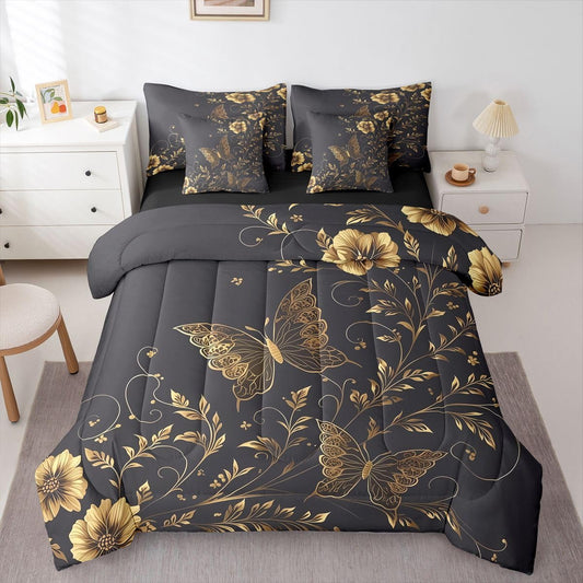 Erosebridal Gold Floral Butterfly 7 Piece Bedding Set Twin Flower Vintage Black Comforter Set with Sheets Exotic Boho Retro Bed in a Bag Luxury Farmhouse Animal Bed Sets Comforter